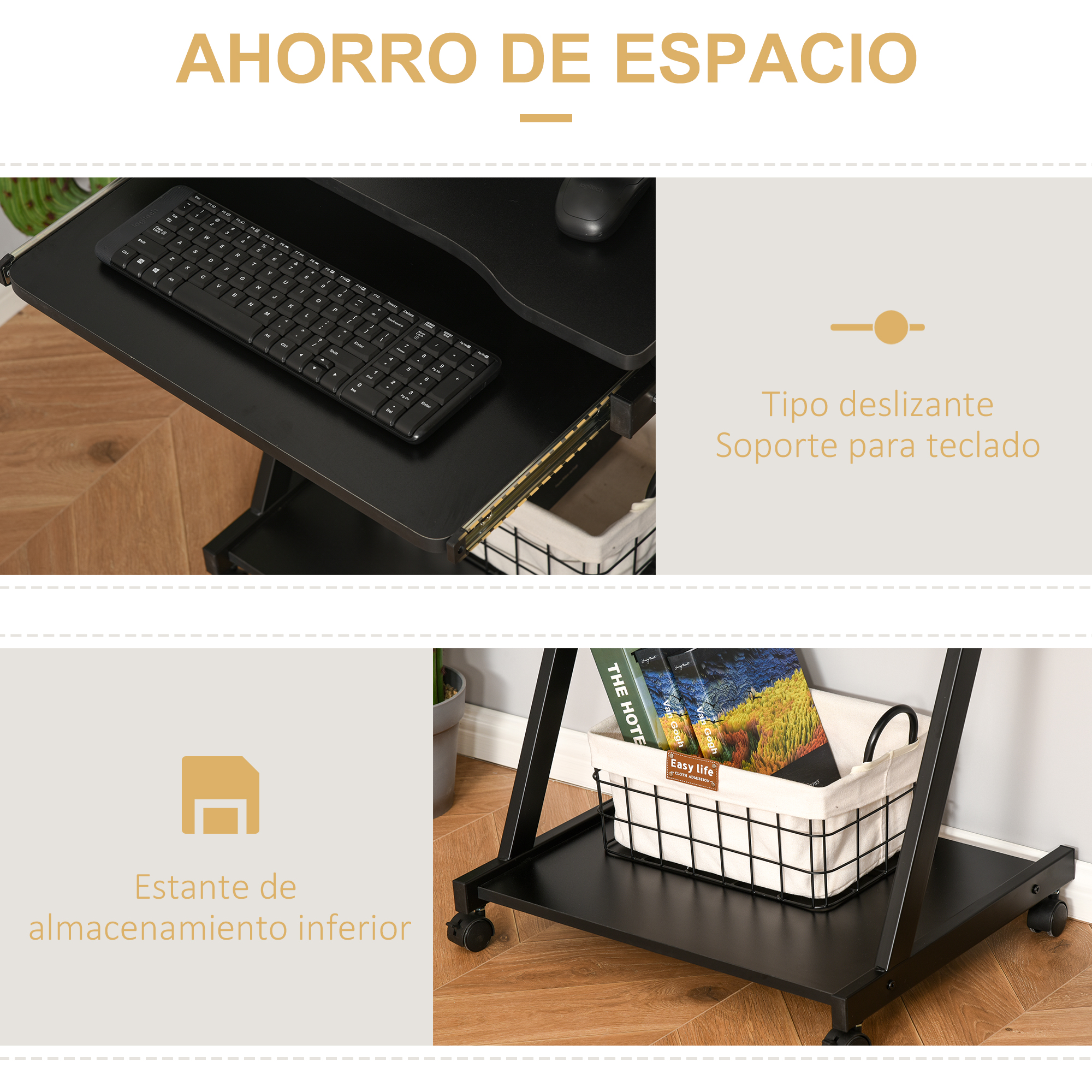 Escritorio negro con bandeja para teclado, ratón y cesta.