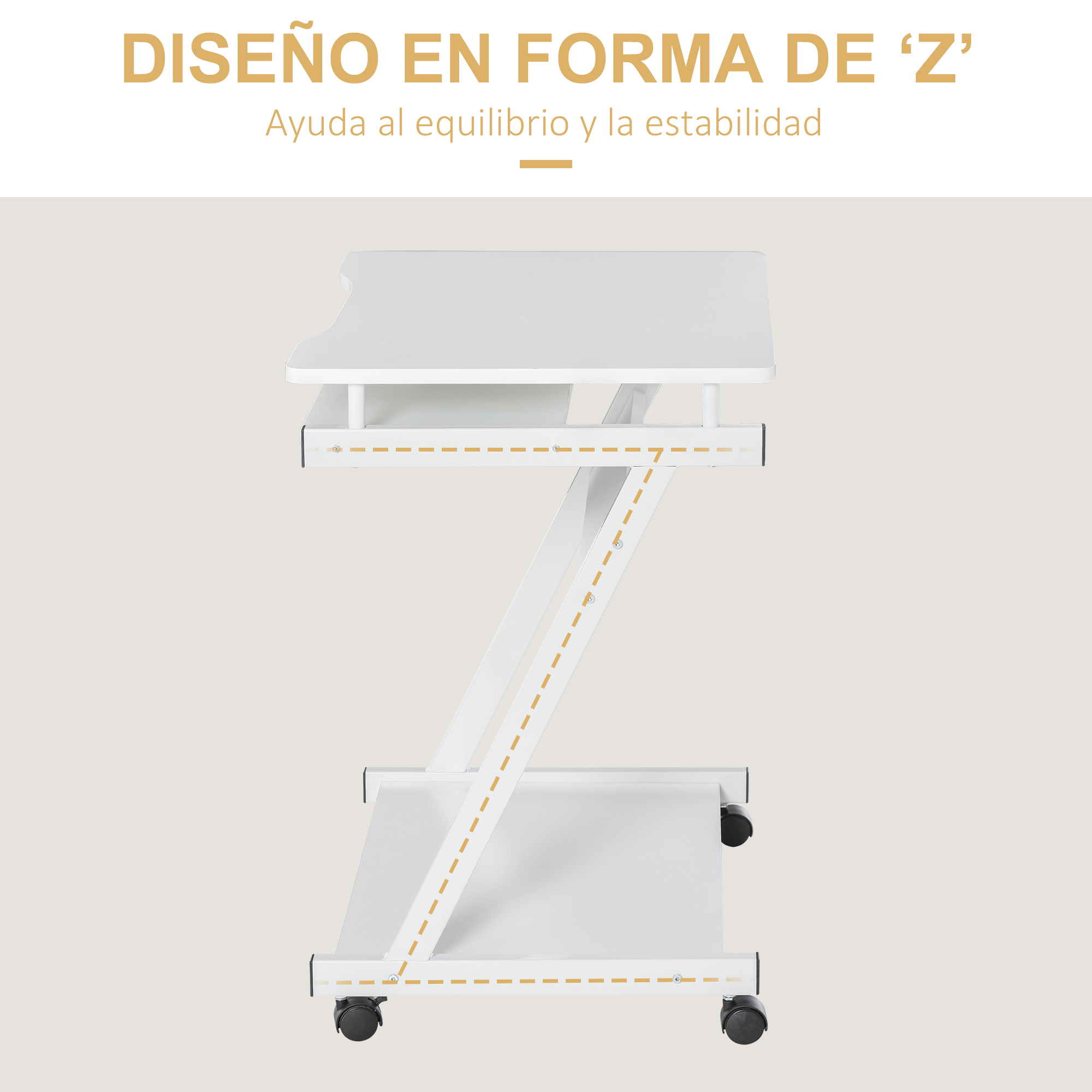 Un escritorio blanco con estructura en Z y ruedas.