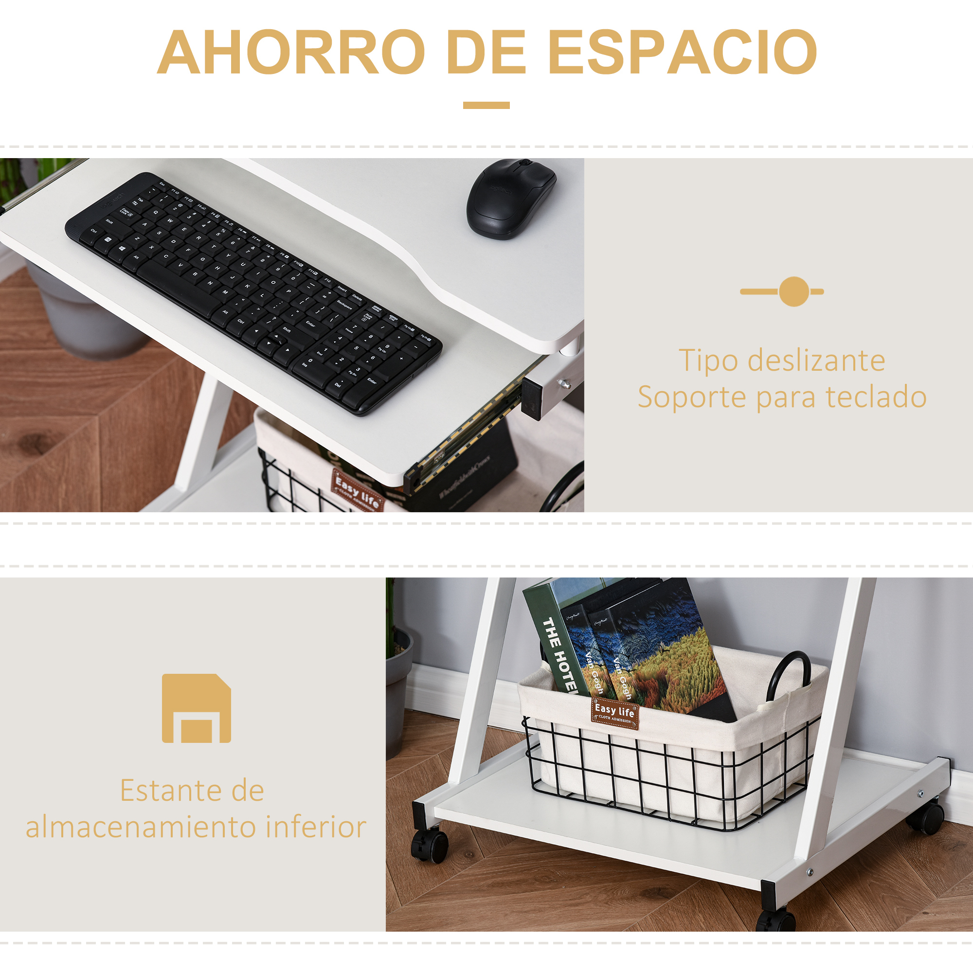 Un escritorio blanco con teclado, ratón y cesta de almacenamiento.