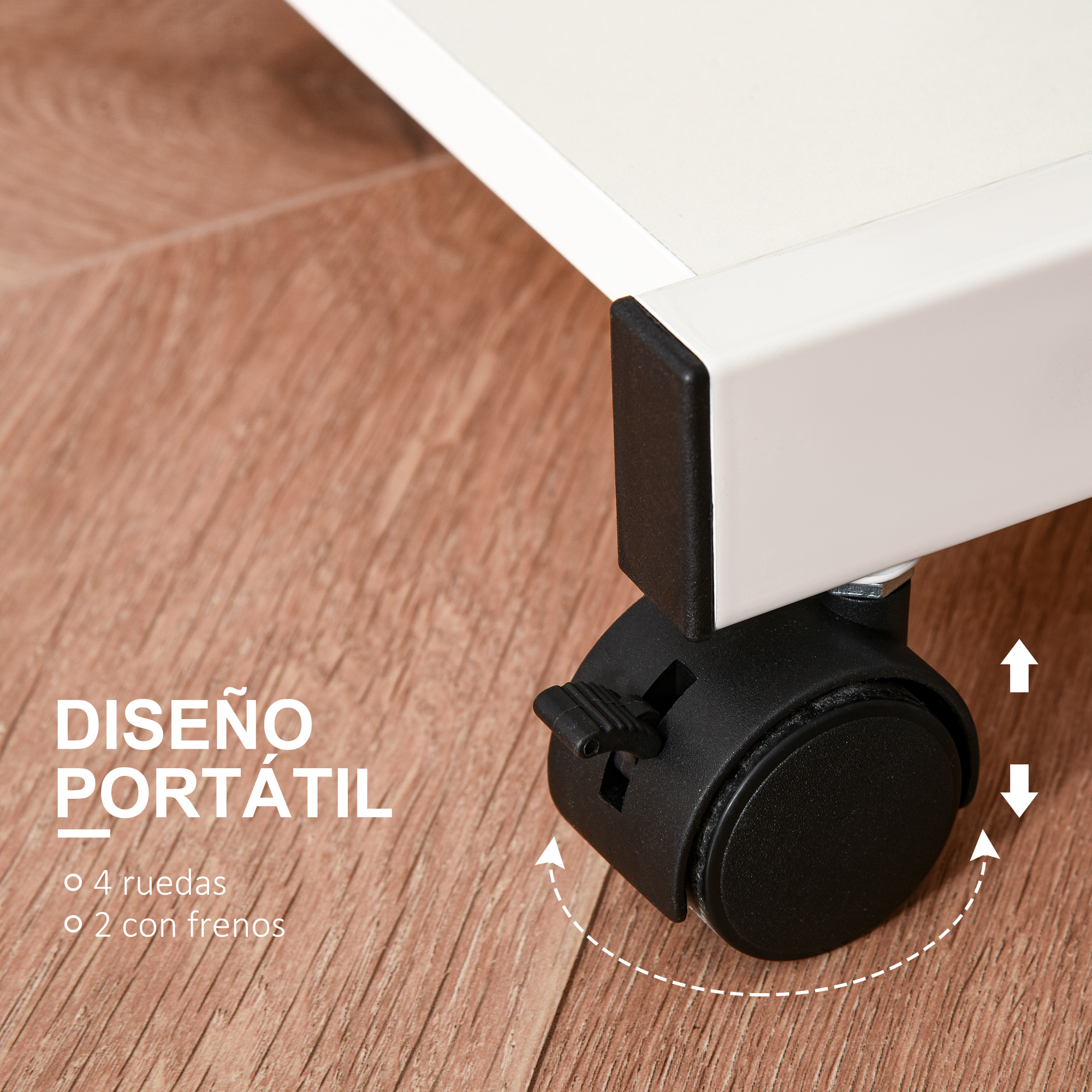 Primer plano de un mueble blanco con una rueda negra adjunta, sobre un suelo de madera.
