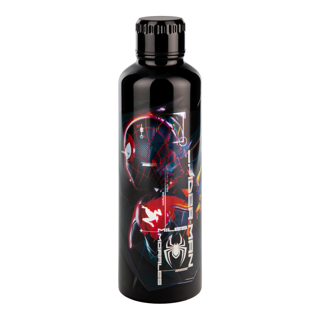 Schwarze Spider-Man Miles Morales Wasserflasche mit Grafiken.