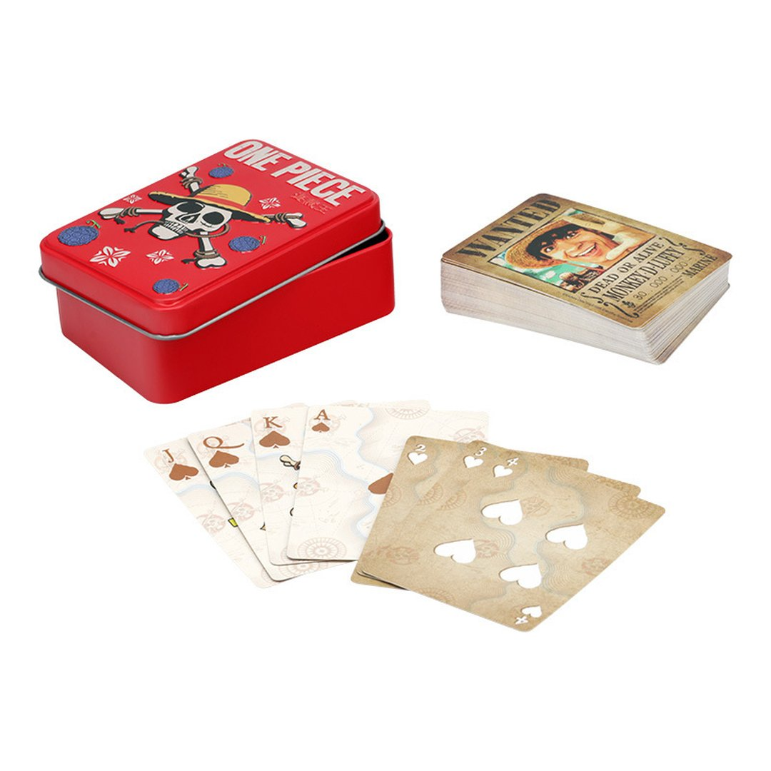 Boîte en fer blanc rouge One Piece, carte recherchée de Luffy et cartes à jouer.