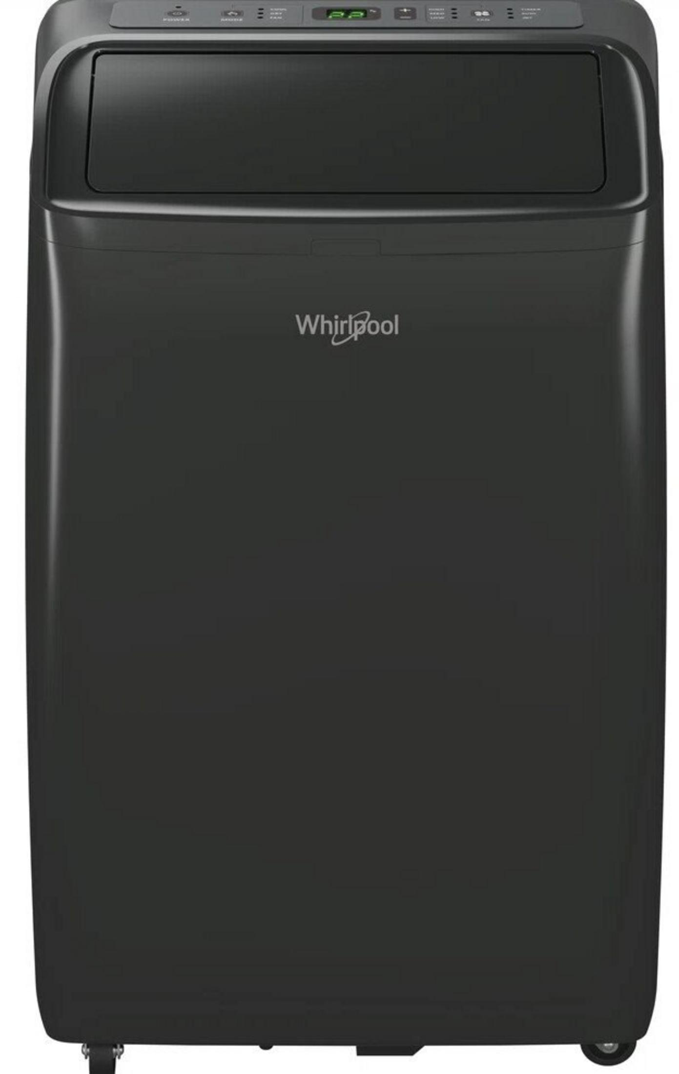 Una torre di condizionatore portatile Whirlpool scuro su ruote.