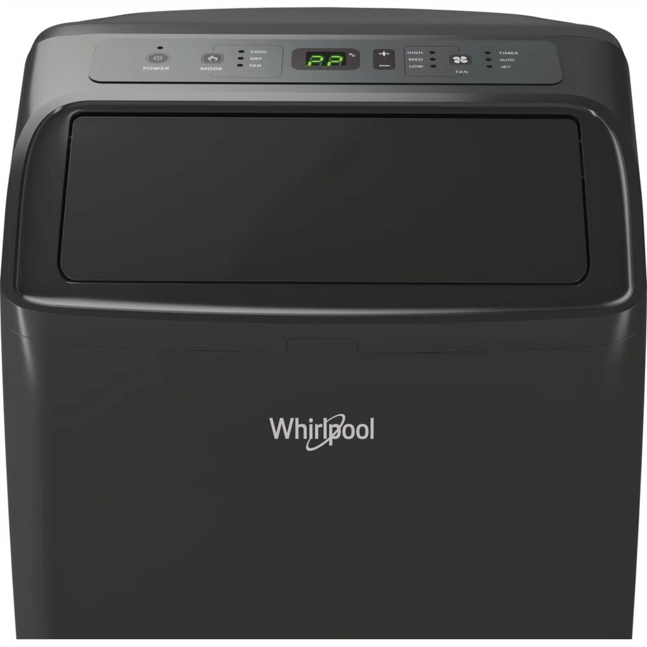 Un condizionatore portatile Whirlpool grigio scuro con display digitale che mostra '22'.