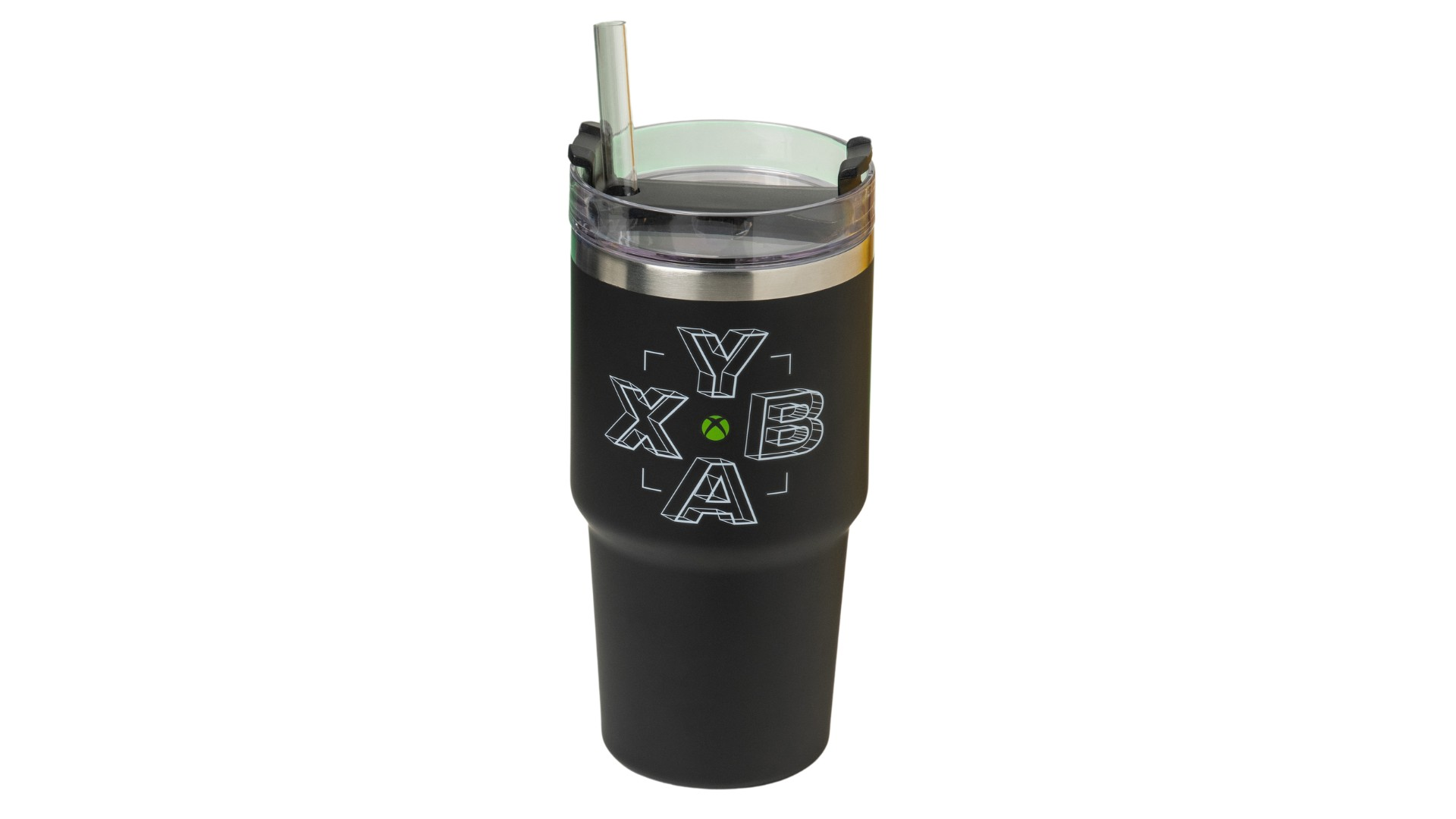 Czarny kubek z logo Xbox i słomką.