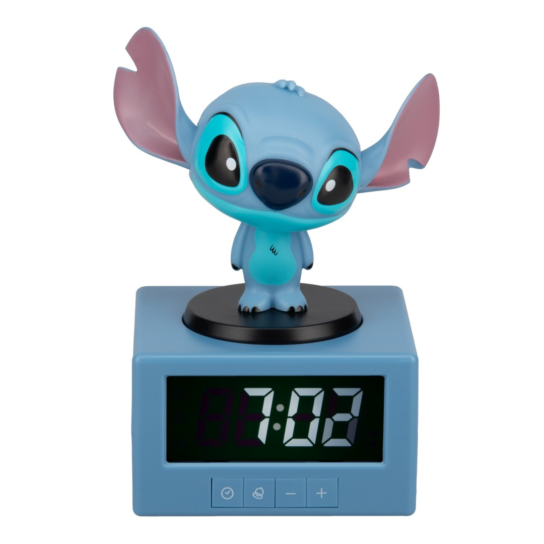 Niebieski budzik Stitch z podświetlanym wyświetlaczem i figurką.
