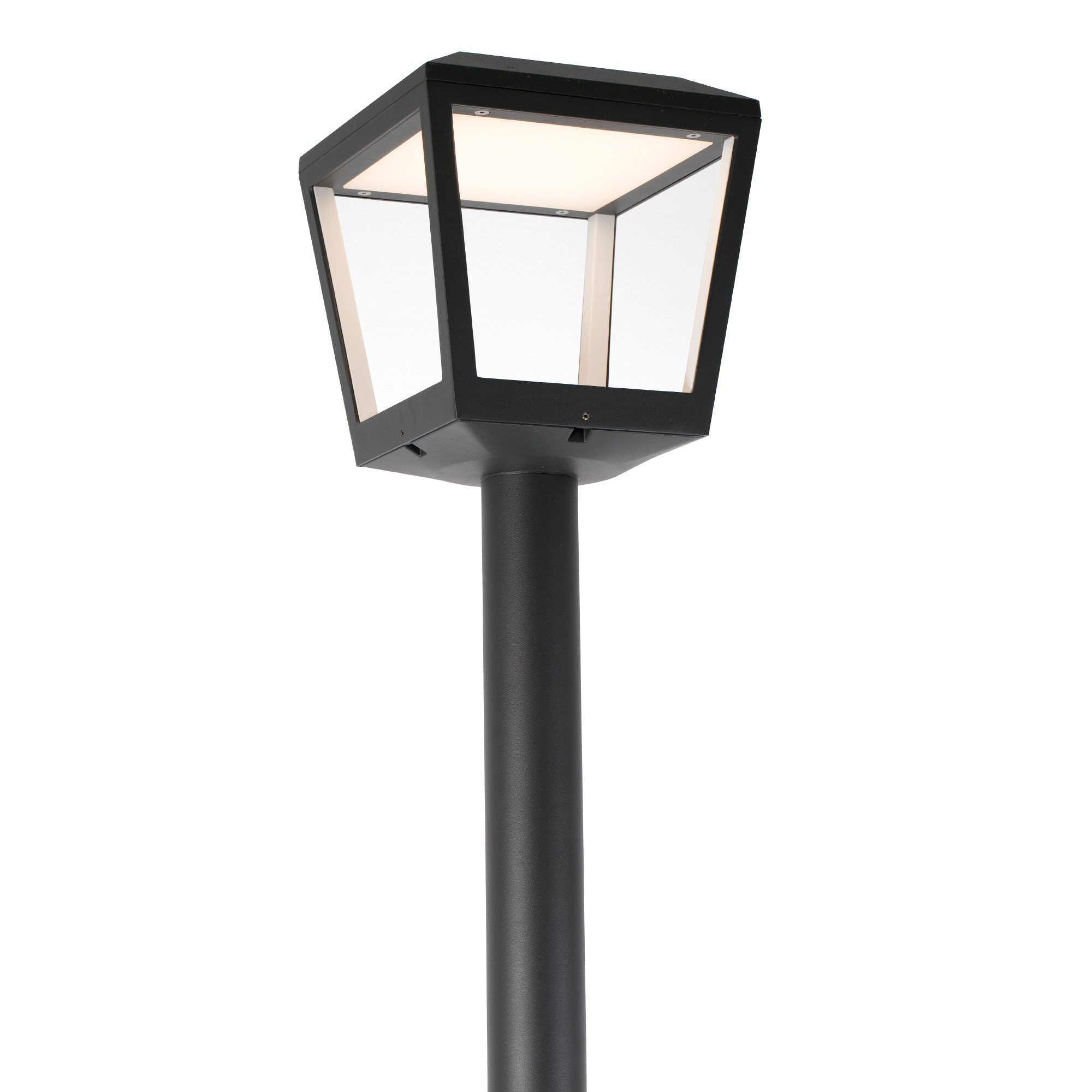 Una lanterna da esterno moderna nera con pannelli in vetro e parte superiore illuminata.