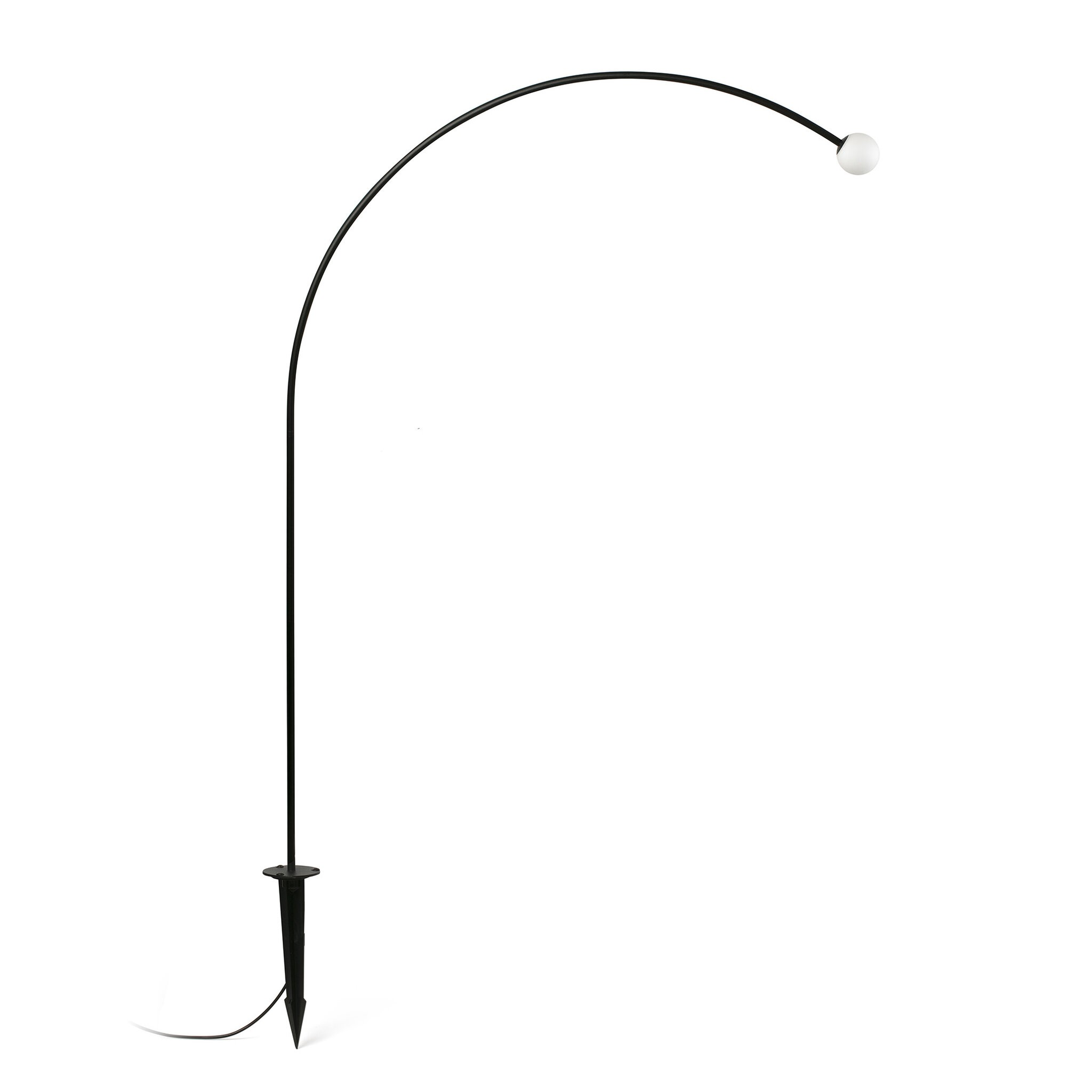 Una lampada nera sottile con una testa luminosa rotonda su sfondo bianco.