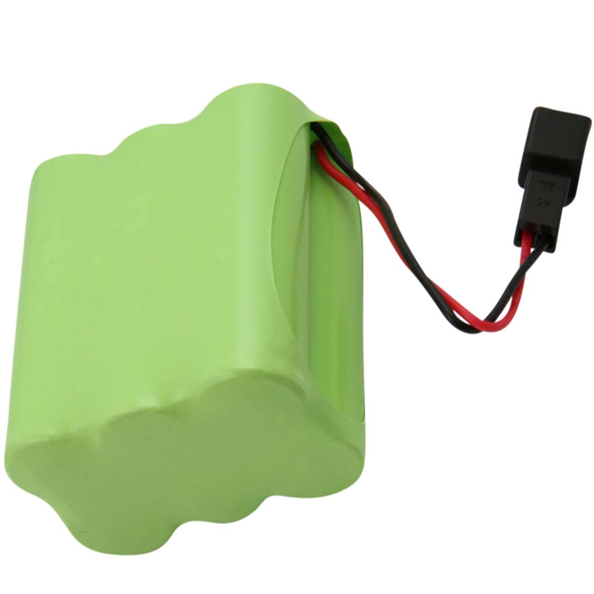 Pacco batteria verde con fili rosso e nero collegati a una spina nera.
