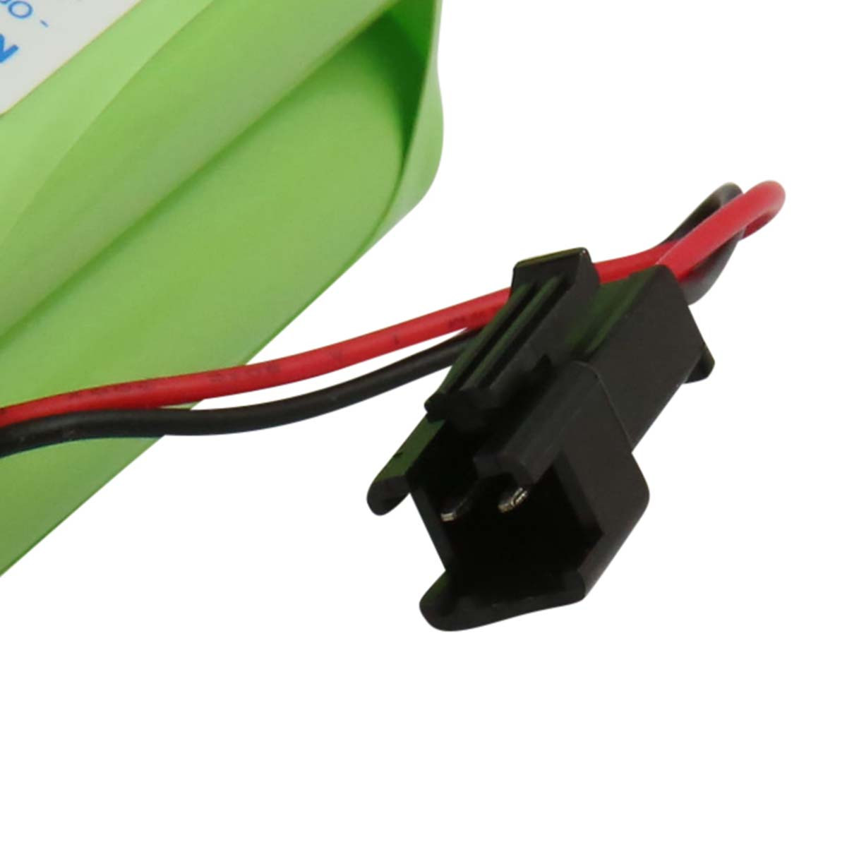 Batteria verde con cavi nero e rosso e connettore nero.