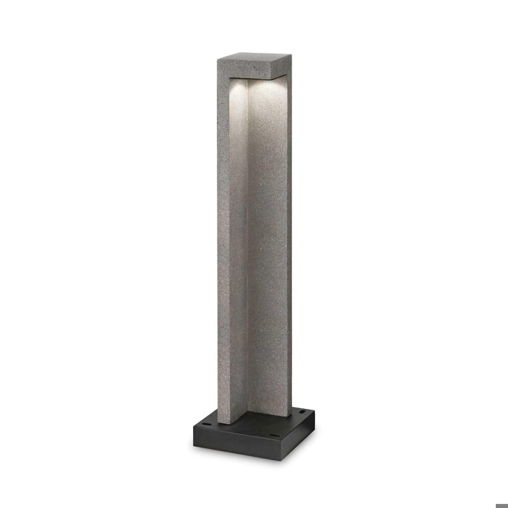 Lampada da esterno in pietra grigia con base nera e illuminazione superiore indiretta.