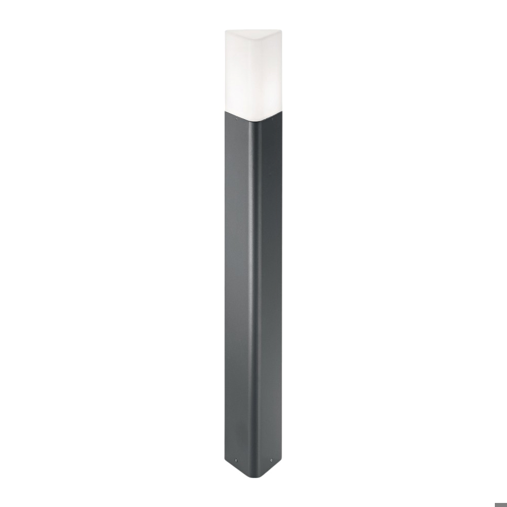 Un bollard da esterno rettangolare grigio scuro con una parte superiore trapezoidale bianca.