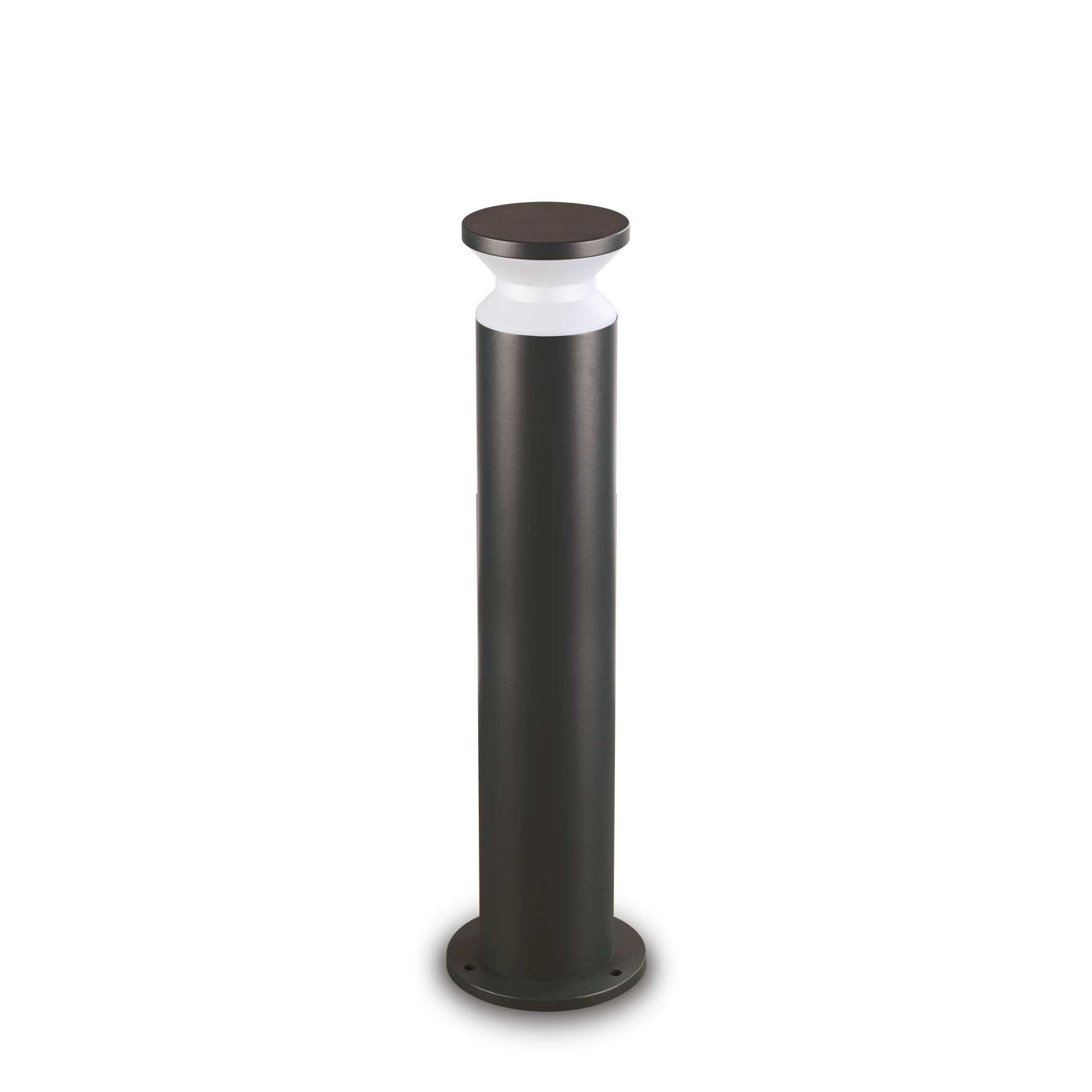 Un bollard cilindrico scuro con diffusore bianco e cappuccio scuro.