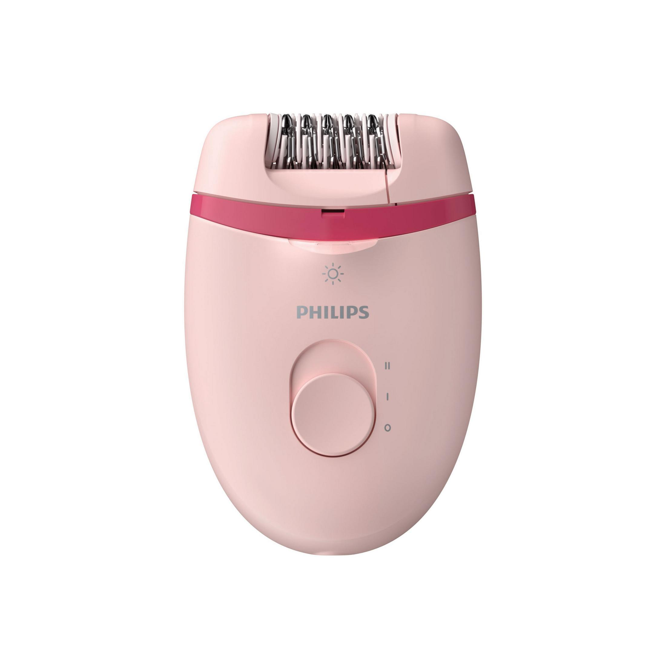 Różowy depilator Philips z srebrnymi pęsetami i pokrętłem obrotowym.