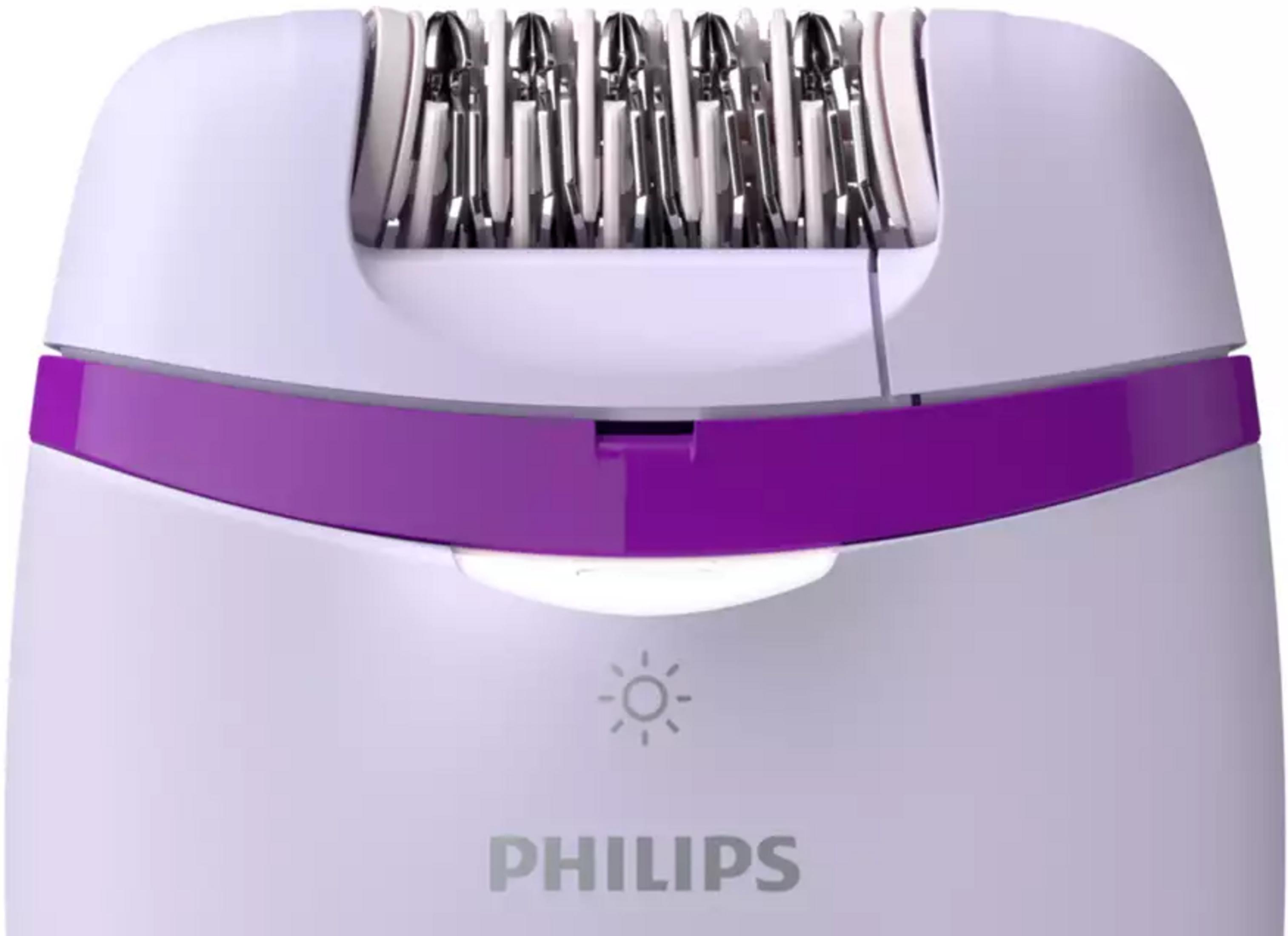 Primo piano di un epilatore viola e bianco con logo Philips.
