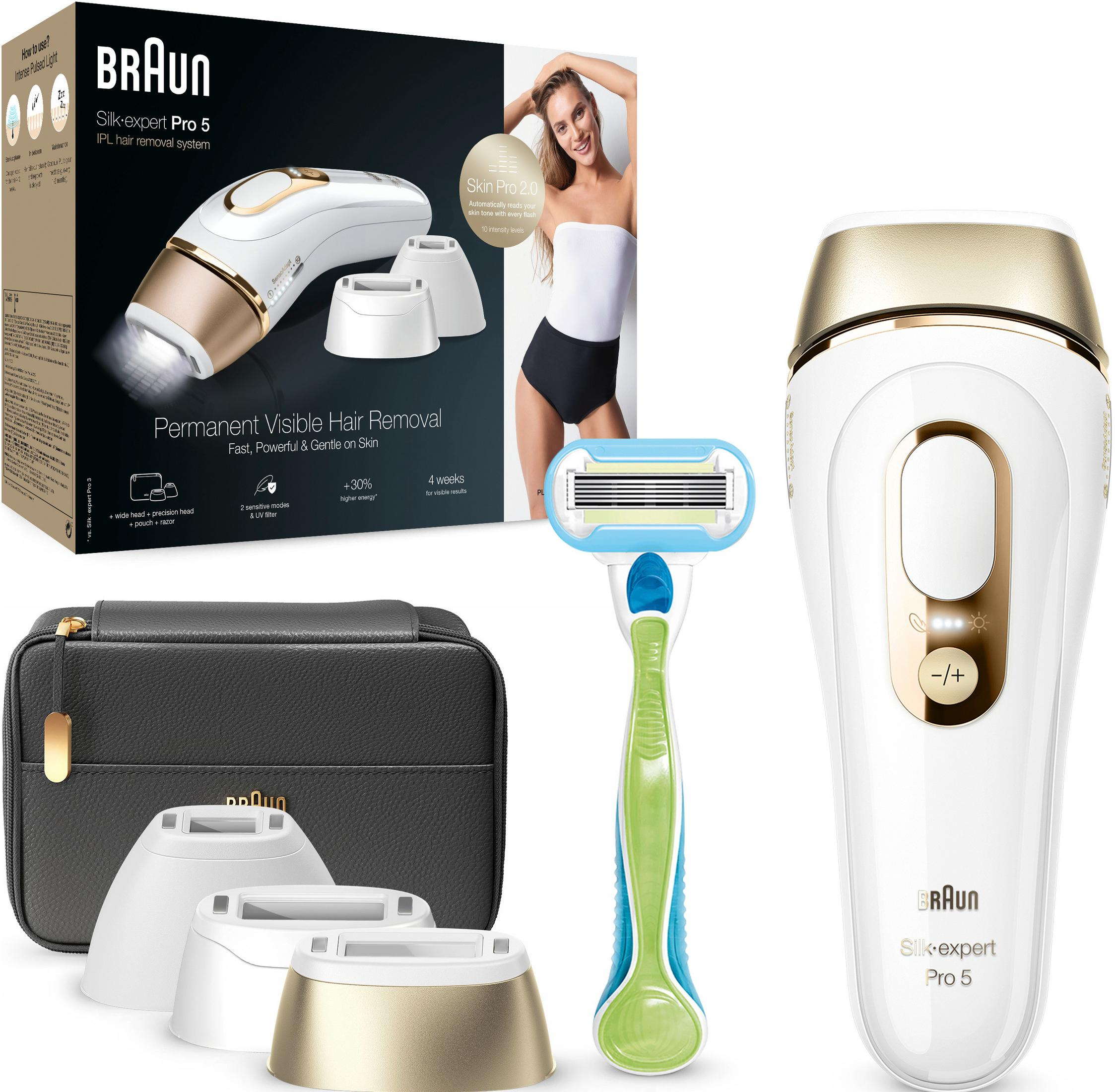 Braun IPL Haarentferner mit Rasierer, Tasche und Aufsätzen auf weißem Hintergrund.