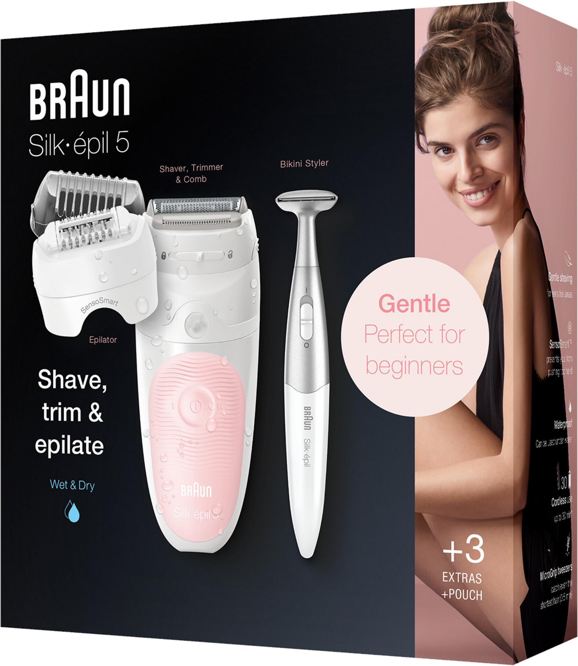 Depilator Braun Silk-épil 5, trymer i styler bikini na czarnym tle.