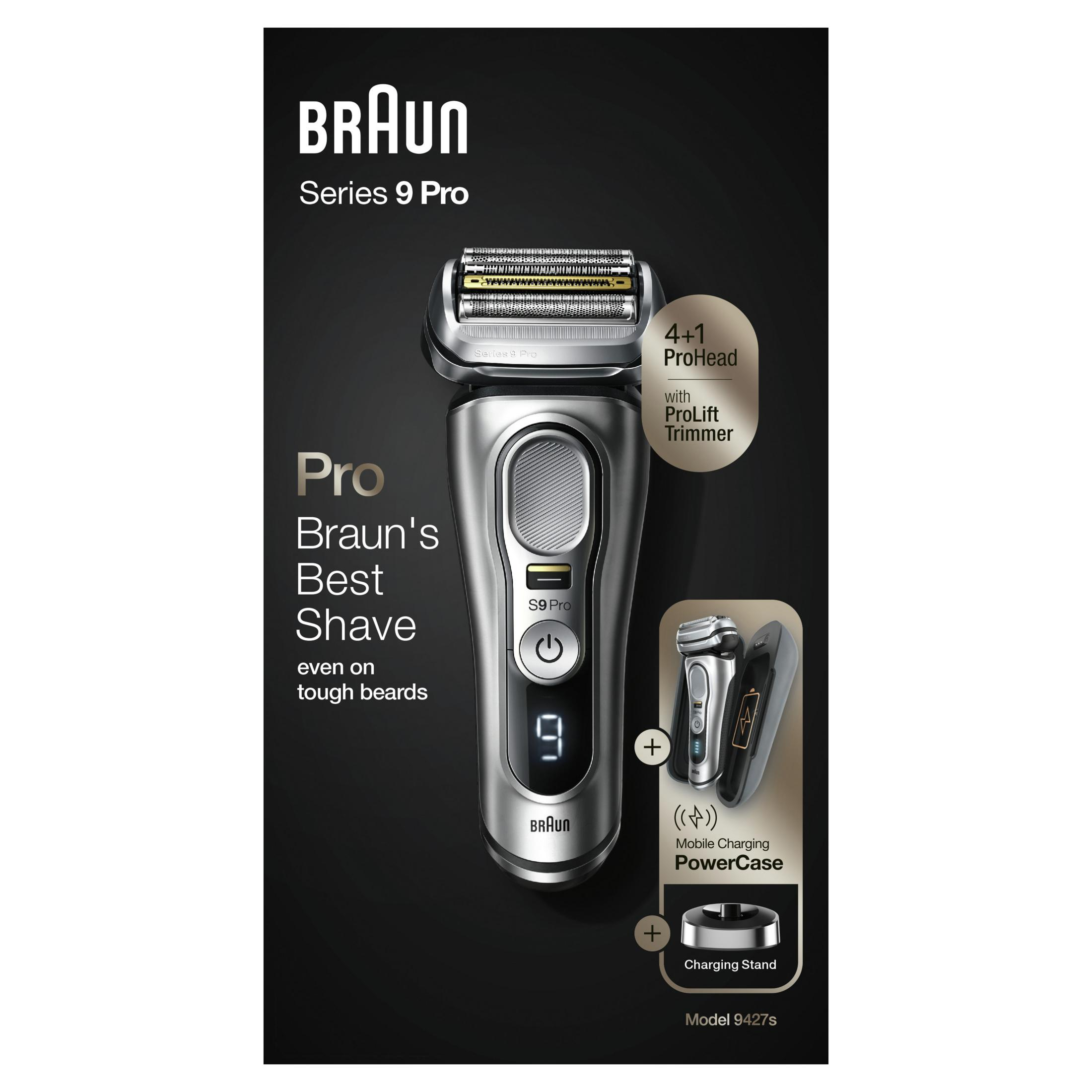 Rasoio Braun Series 9 Pro con ProHead e rifinitore ProLift, custodia e base di ricarica.