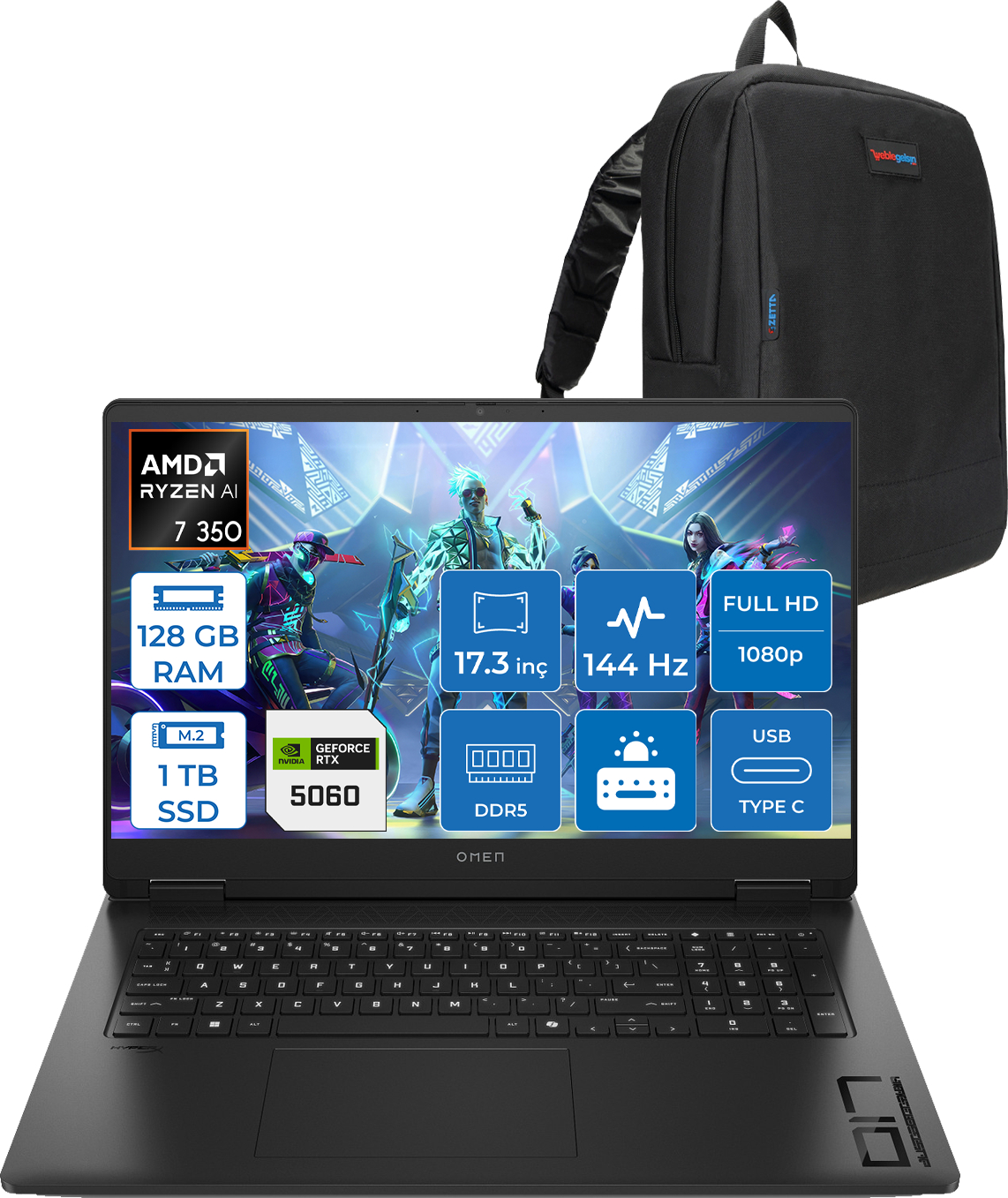 HP Omen 17-DB1015NT AI DDR5 RTX5060 8 GB 144 Hz C2EZ5EAF50 AMD Ryzen 7 350 128 GB RAM 1 TB SSD 17,3 inç FreeDOS Laptop+Çanta Siyah