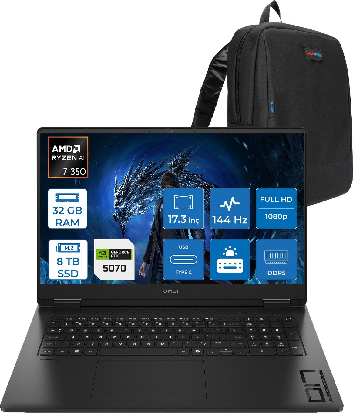 HP Omen 17-DB1005NT AI DDR5 RTX5070 8 GB 144 Hz C67G2EAF18 AMD Ryzen 7 350 32 GB RAM 8 TB SSD 17,3 inç FreeDOS Laptop+Çanta Siyah