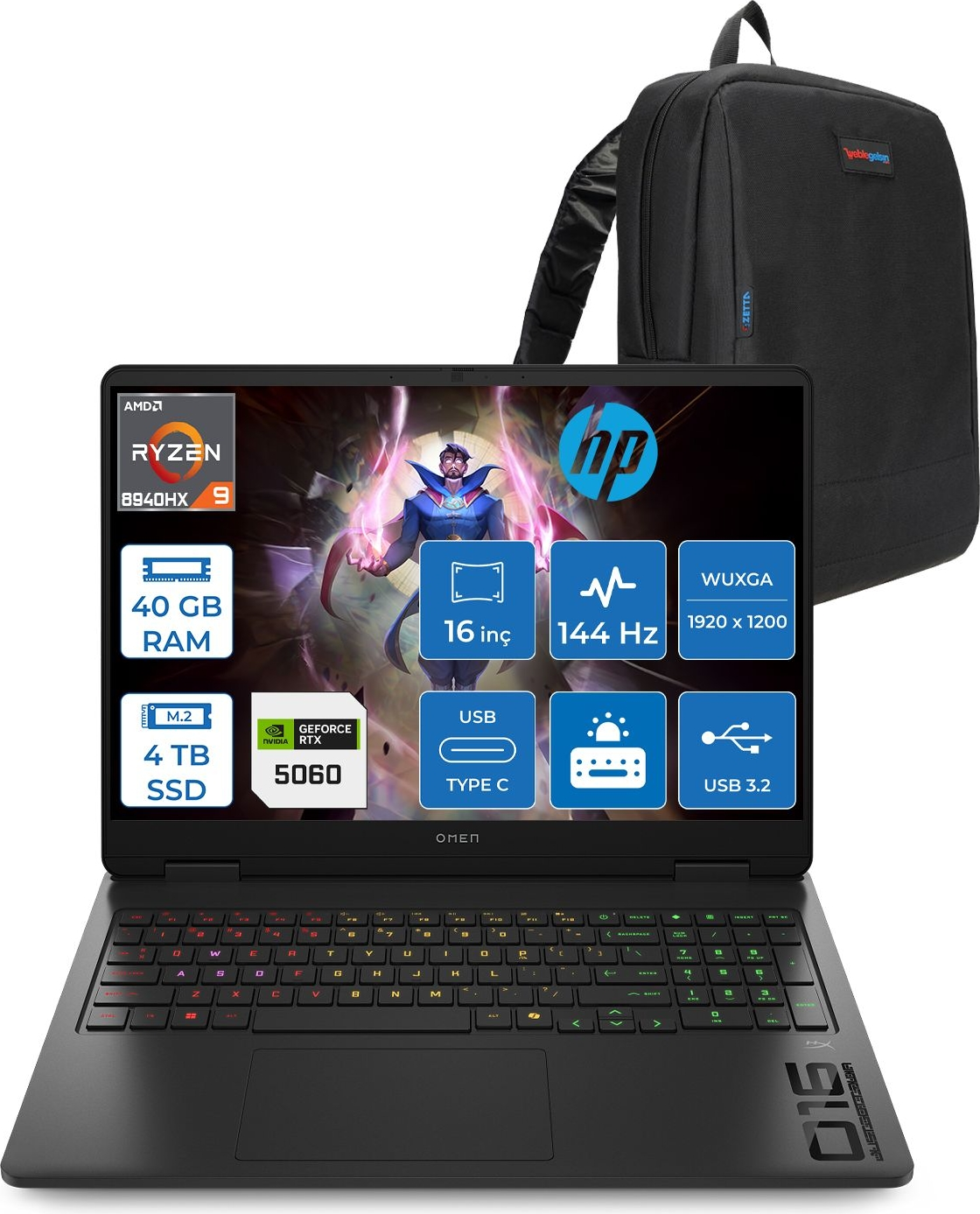 HP Omen 8 GB RTX5060 130W WUXGA 144 Hz C39JFEAF16 AMD Ryzen 9 8940HX 40 GB RAM 4 TB SSD 16 inç FreeDOS Laptop+Çanta Siyah