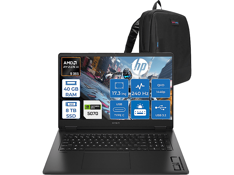 HP Omen 8 GB RTX5070 QHD CD5N0EAF52 AMD Ryzen 9 365 40 GB RAM 8 TB SSD 17,3 inç FreeDOS Laptop+Çanta Siyah