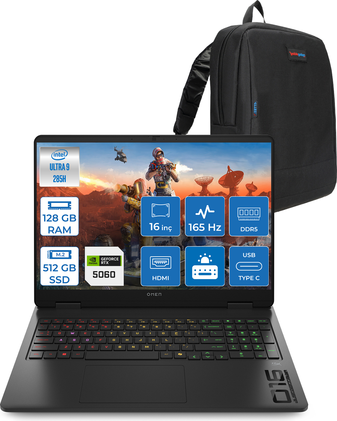 HP Omen Slim 16-AM0000NT RTX5060 8 GB 165Hz BQ3Z2EAF49 Intel Core Ultra 9 285H 128 GB RAM 512 GB SSD 16 inç FreeDOS Laptop+Çanta Siyah
