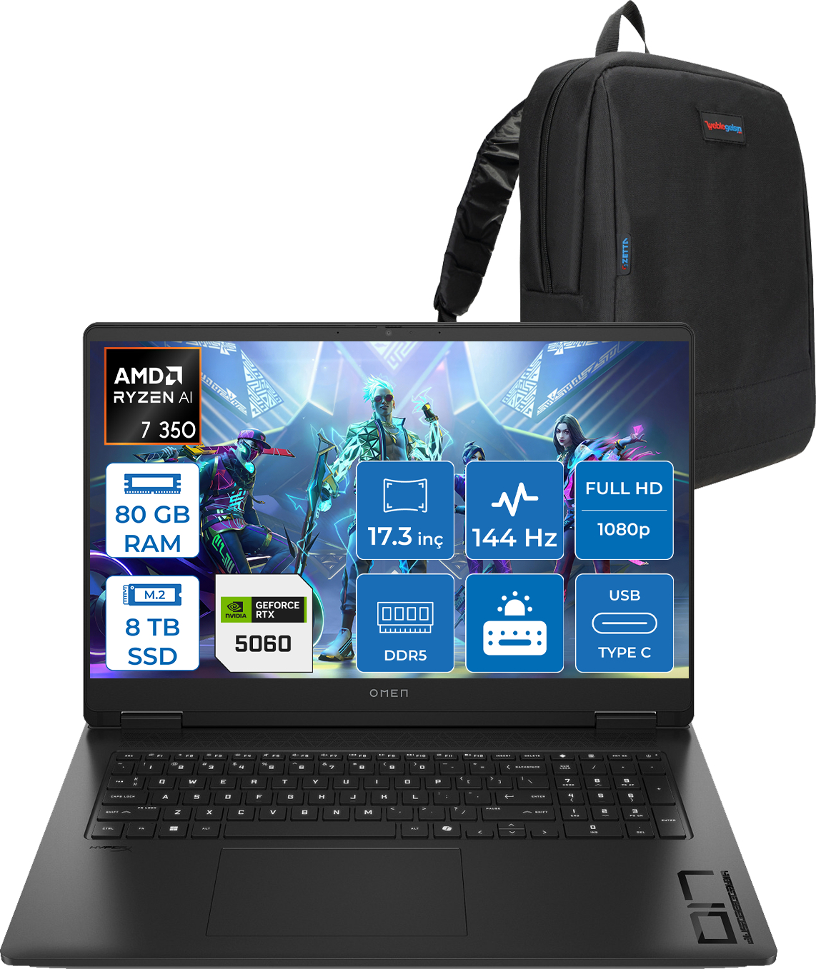 HP Omen 17-DB1015NT AI DDR5 RTX5060 8 GB 144 Hz C2EZ5EAF42 AMD Ryzen 7 350 80 GB RAM 8 TB SSD 17,3 inç FreeDOS Laptop+Çanta Siyah