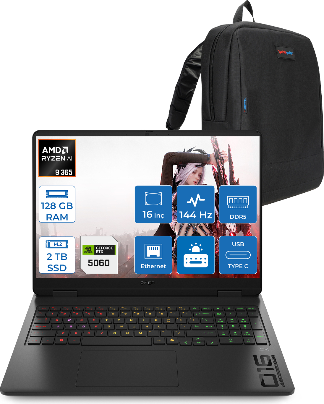 HP Omen 16-AP0020NT AI DDR5 RTX5060 8 GB 144 Hz C12CPEAF51 AMD Ryzen 9 365 128 GB RAM 2 TB SSD 16 inç FreeDOS Laptop+Çanta Siyah