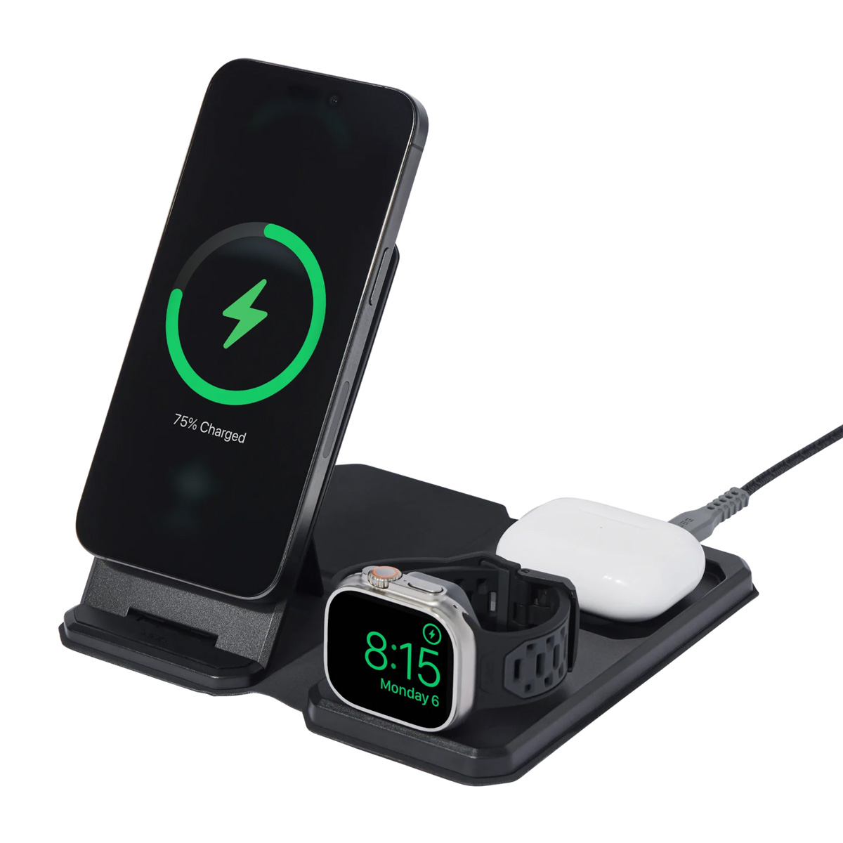 Czarna podstawka ładująca zawiera telefon, smartwatch i słuchawki. Telefon pokazuje 75% naładowania.