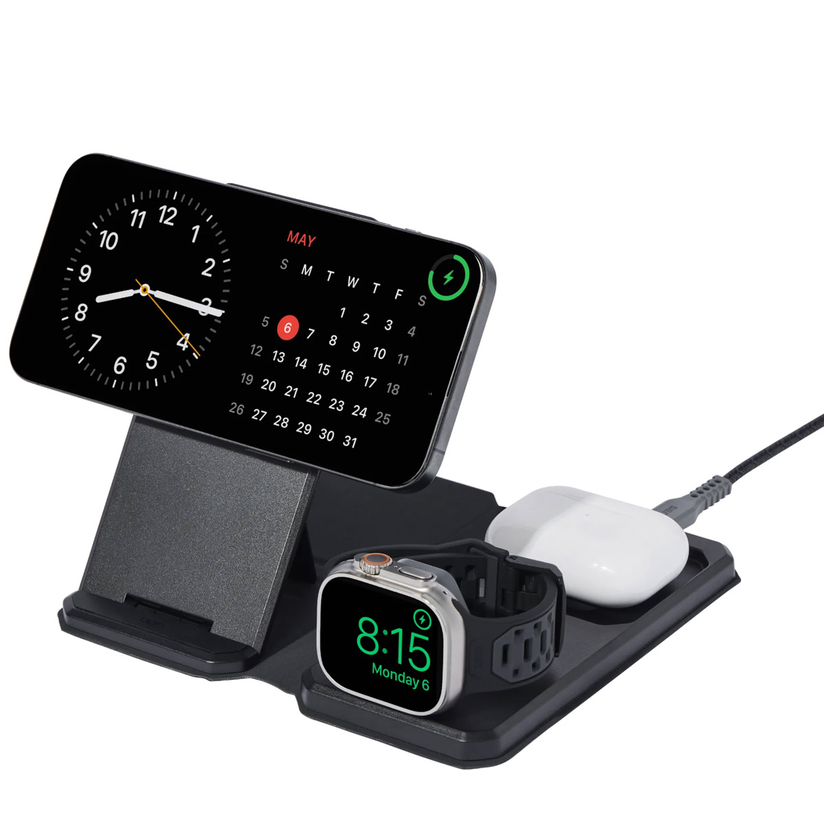 Czarna podstawka ładująca ze smartfonem, Apple Watch i AirPods.