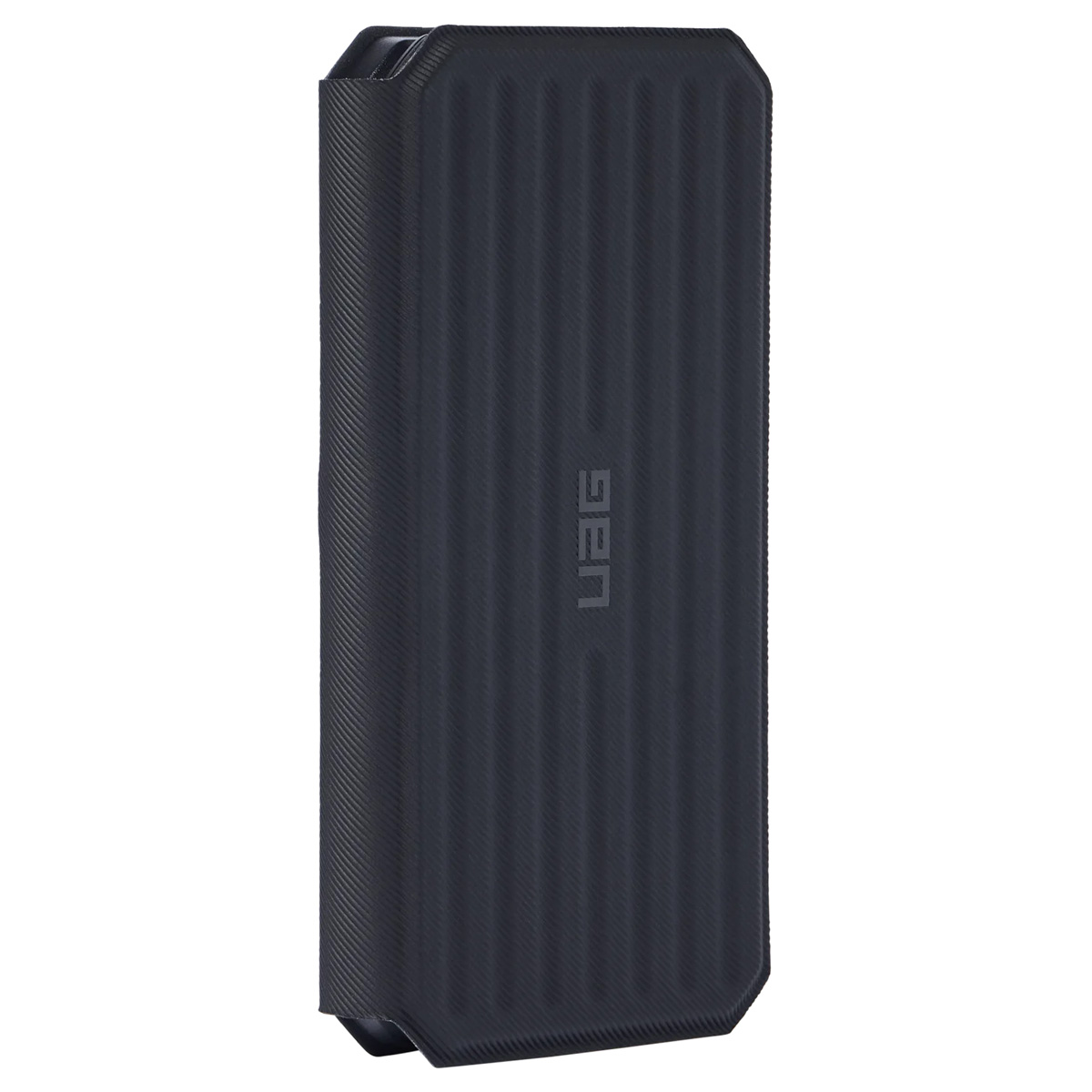 Ciemnoszare etui na telefon z pionowymi żebrami i logo UAG.