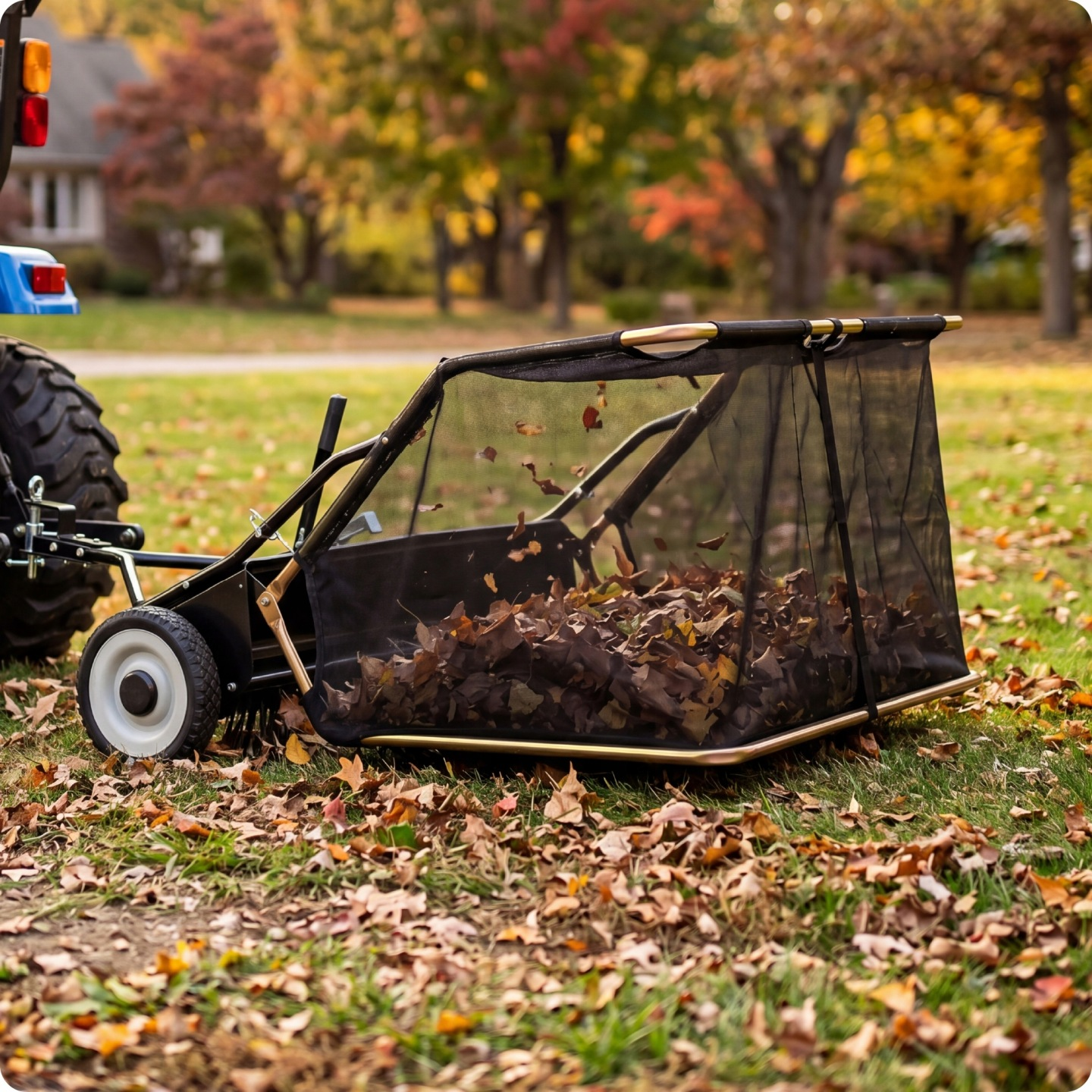 Ein Anhänger für Laub sammelt Herbstlaub. Ein Traktor ist im Hintergrund zu sehen.