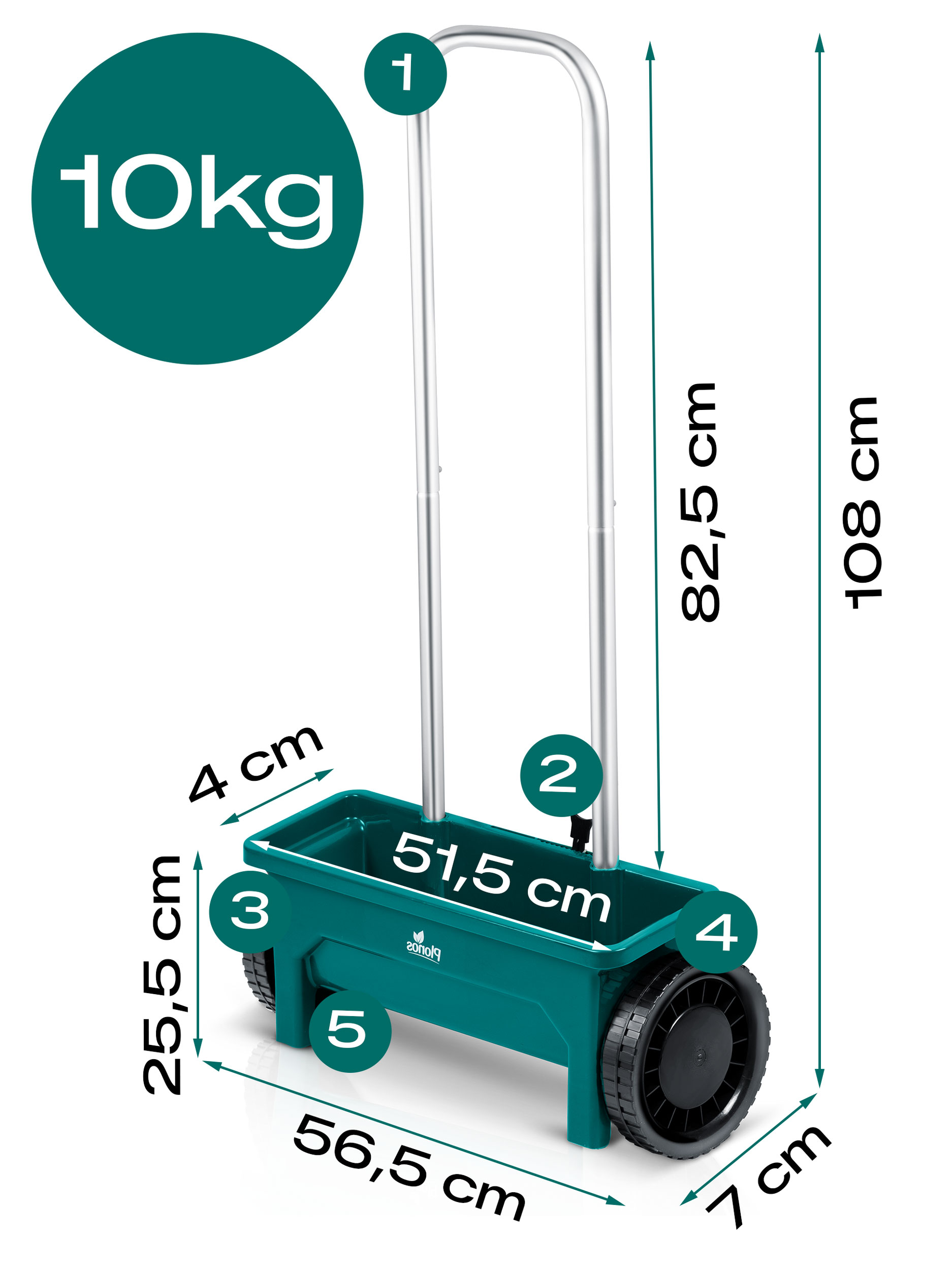 Tealowy wózek do rozsiewania ze srebrną rączką, pojemność 10 kg.