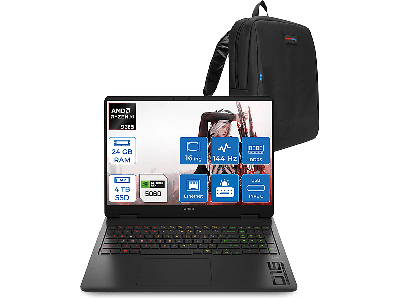 HP Omen 16-AP0020NT AI DDR5 RTX5060 8 GB 144 Hz C12CPEAF10 AMD Ryzen 9 365 24 GB RAM 4 TB SSD 16 inç FreeDOS Laptop+Çanta Siyah
