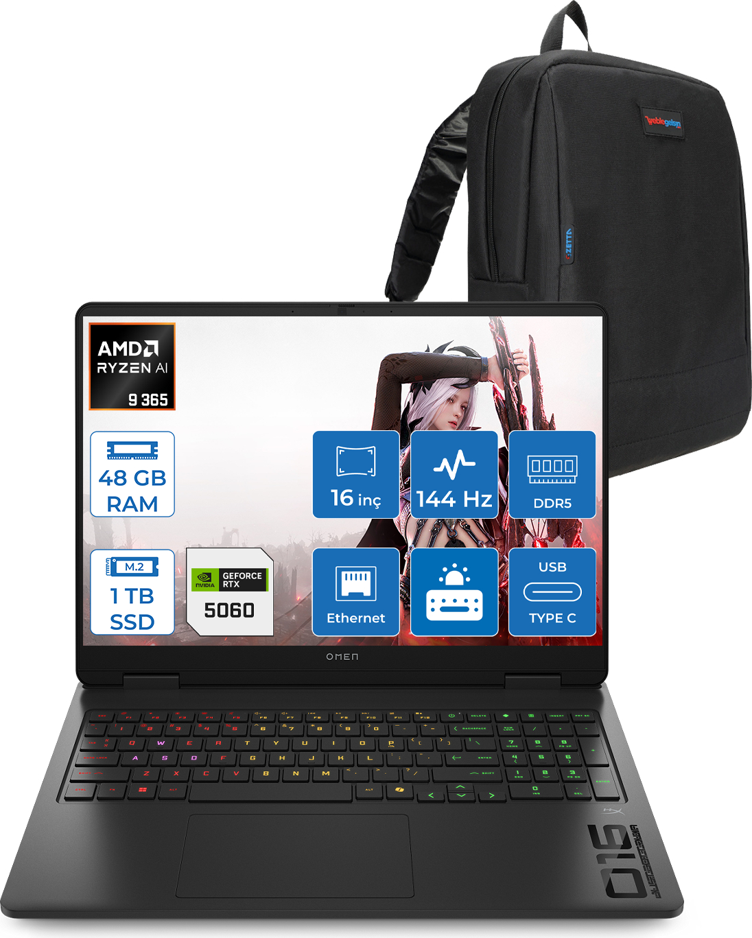 HP Omen 16-AP0020NT AI DDR5 RTX5060 8 GB 144 Hz C12CPEAF26 AMD Ryzen 9 365 48 GB RAM 1 TB SSD 16 inç FreeDOS Laptop+Çanta Siyah
