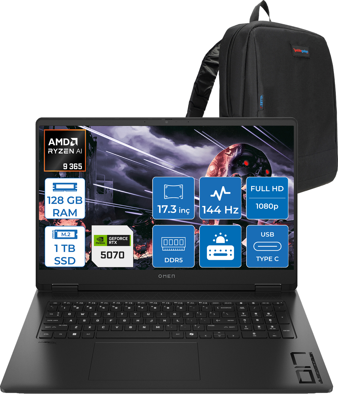 HP Omen 17-DB1003NT AI DDR5 RTX5070 8 GB 144 Hz C67G1EAF50 AMD Ryzen 9 365 128 GB RAM 1 TB SSD 17,3 inç FreeDOS Laptop+Çanta Siyah