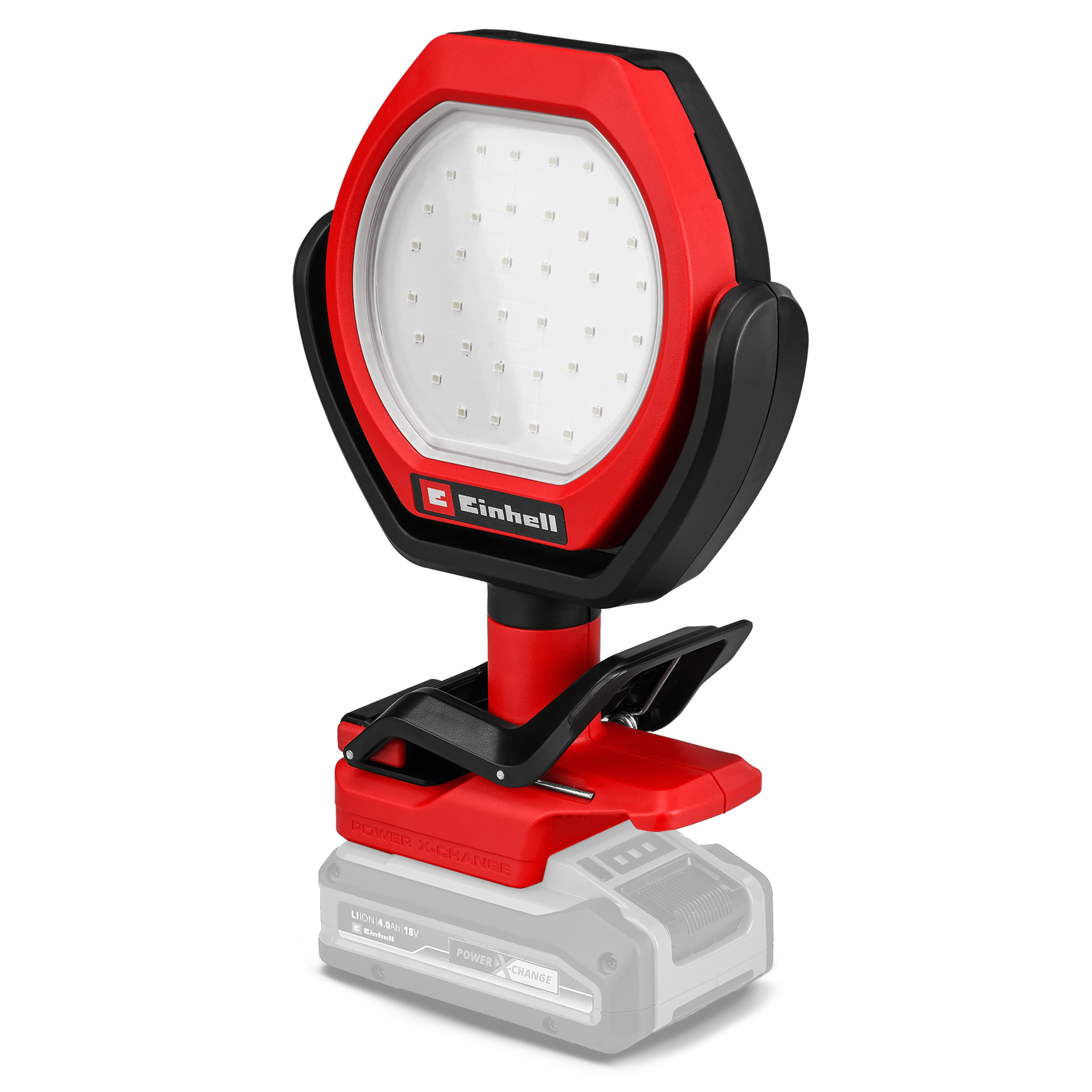 Rotes und schwarzes LED-Arbeitslicht mit Batteriebasis und Klemme.