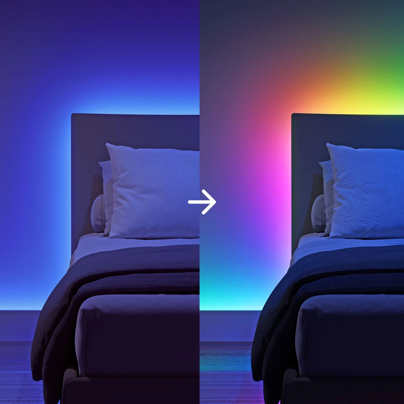 Ein Bett mit blauem Licht links und buntem Licht rechts, mit Pfeil dazwischen.