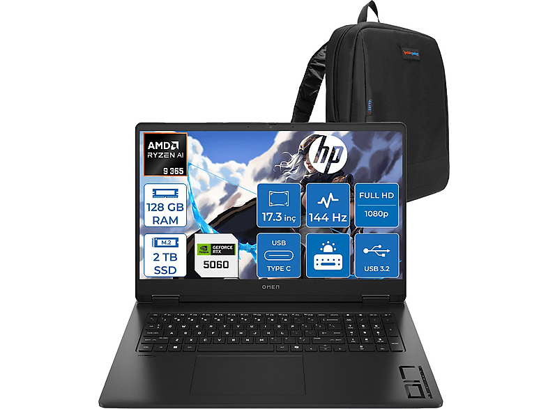 HP Omen 17-DB1022NT RTX5060 8 GB 7 ms CD5N2EAF51 AMD Ryzen 9 365 128 GB RAM 2 TB SSD 17,3 inç FreeDOS Laptop+Çanta Siyah