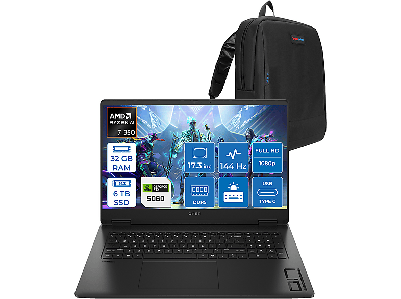 HP Omen 17-DB1015NT AI DDR5 RTX5060 8 GB 144 Hz C2EZ5EAF17 AMD Ryzen 7 350 32 GB RAM 6 TB SSD 17,3 inç FreeDOS Laptop+Çanta Siyah