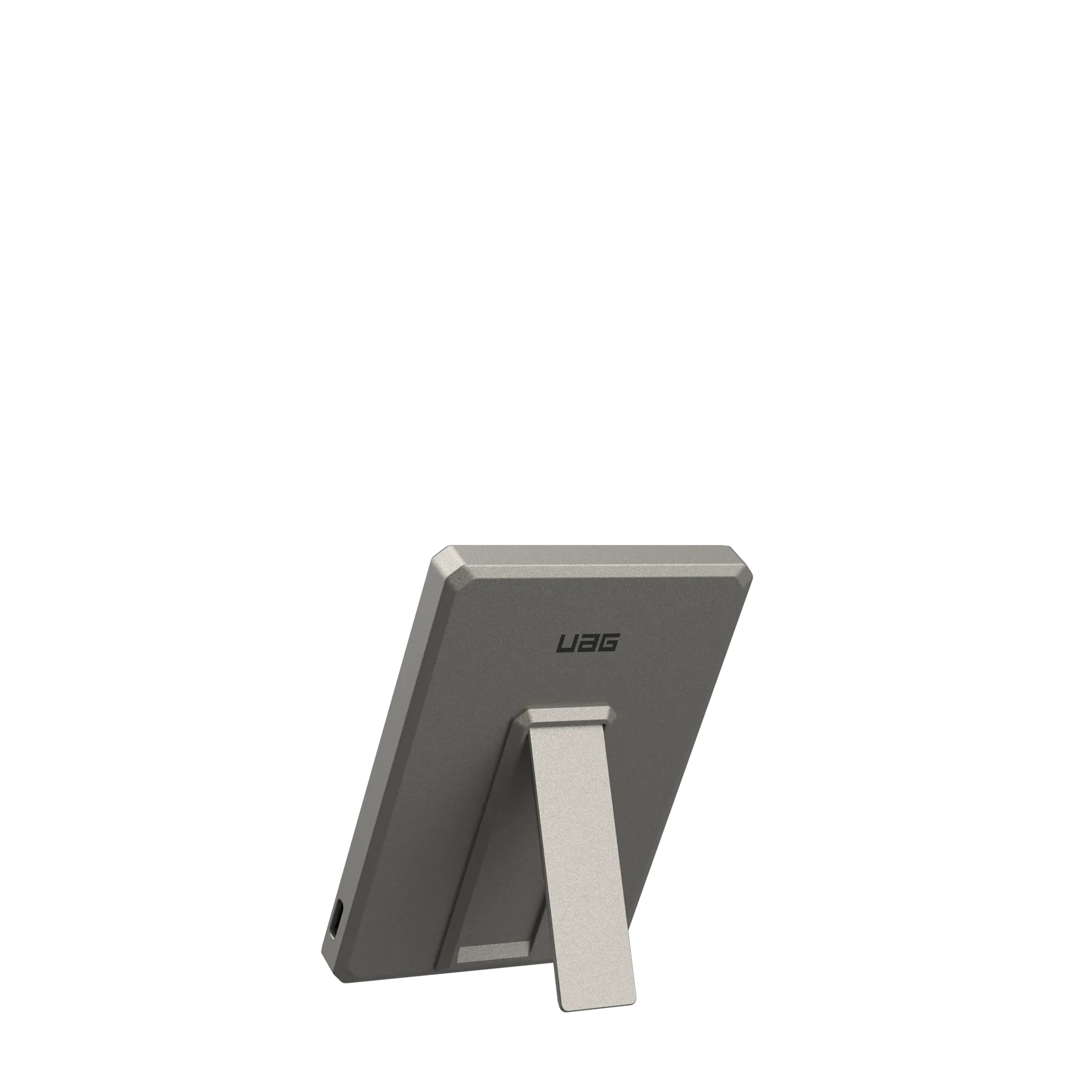 Szary tablet z podstawką i logo UAG.