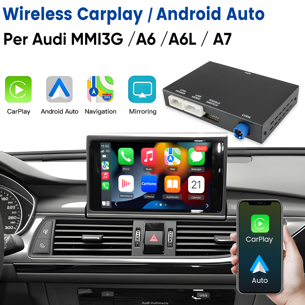 Sistema di infotainment per auto con integrazione CarPlay/Android Auto installato su un cruscotto Audi.