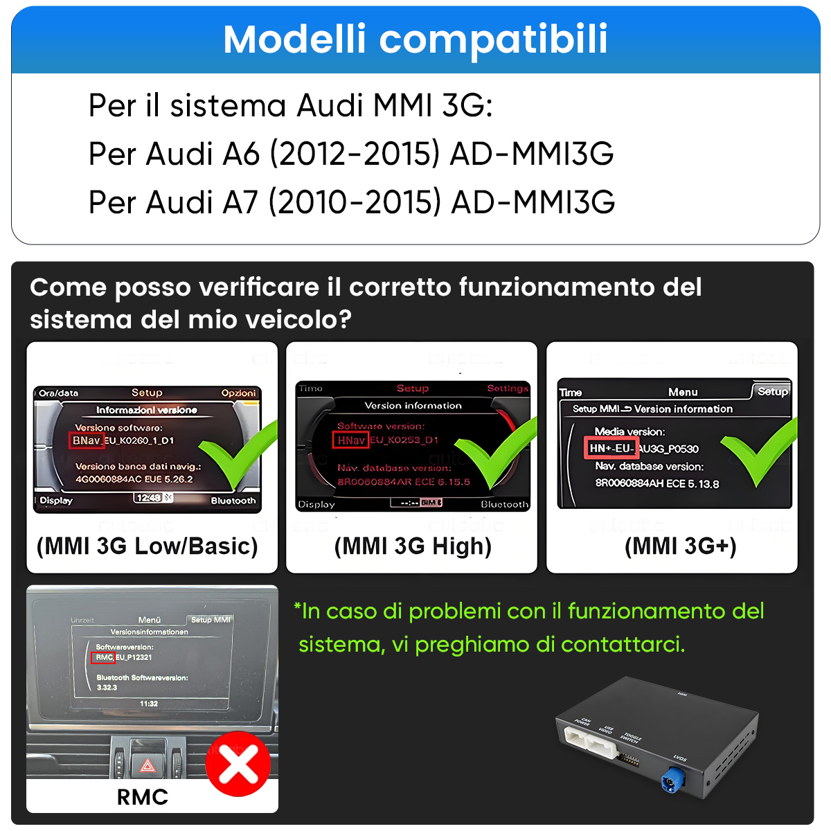 Modelli compatibili Audi MMI 3G: Audi A6 (2012-2015) e A7 (2010-2015). Sinistra: MMI 3G Low/Basic. Centro: MMI 3G High. Destra: MMI 3G+.