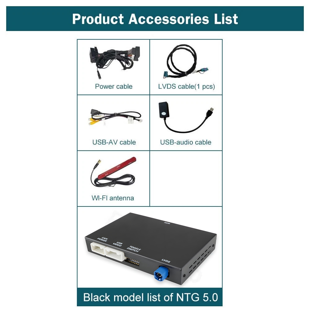 Elenco accessori prodotto: Cavo alimentazione, cavo LVDS, cavo USB-AV, cavo USB-audio, antenna Wi-Fi, NTG 5.0.