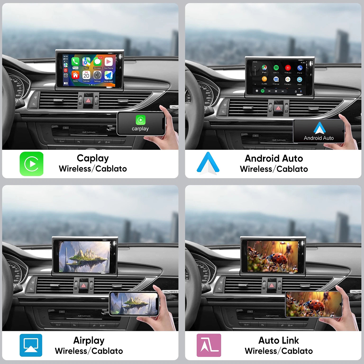 Quattro schermi del cruscotto dell'auto con integrazione smartphone.