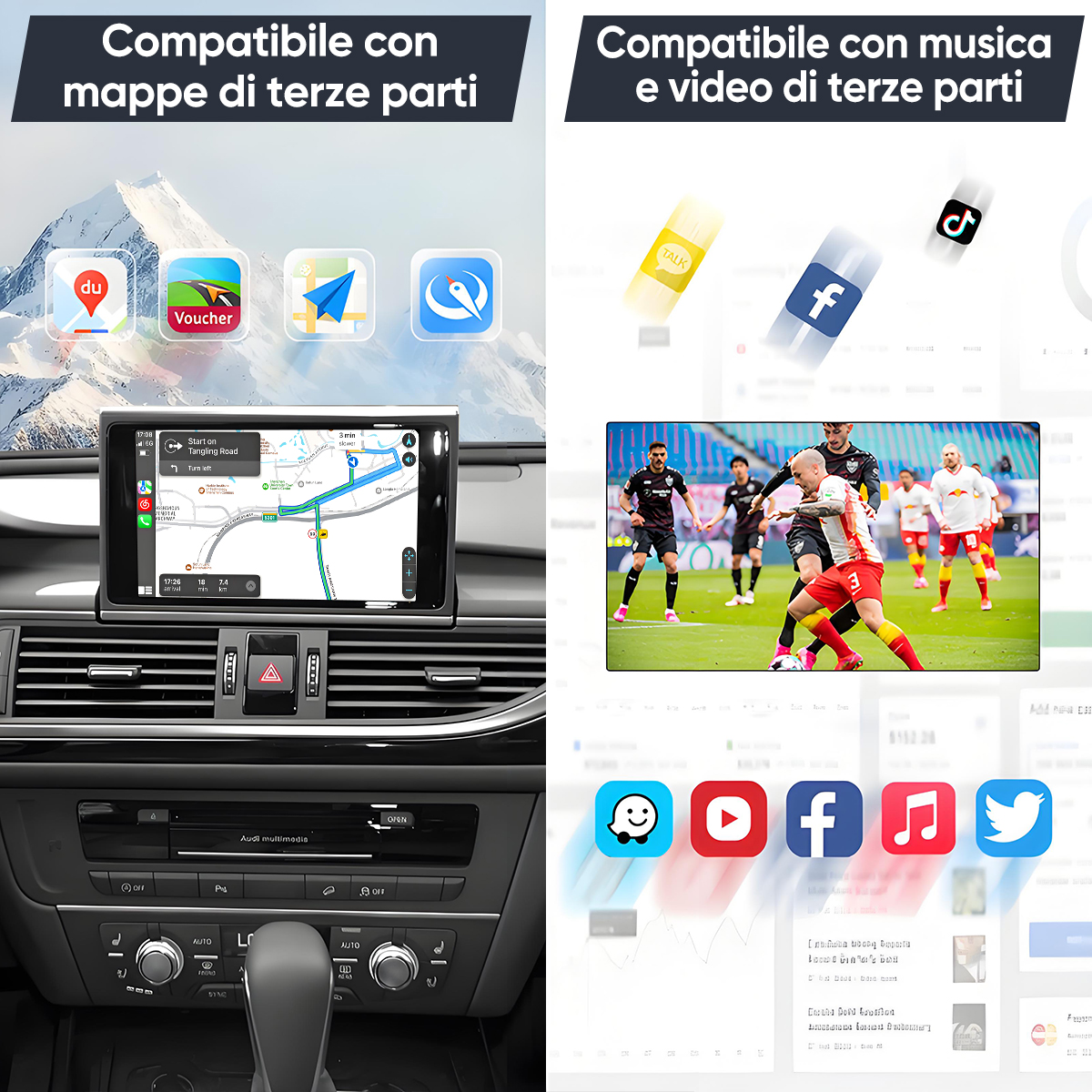 Auto con app di navigazione e intrattenimento. Schermo di navigazione e icone social media.