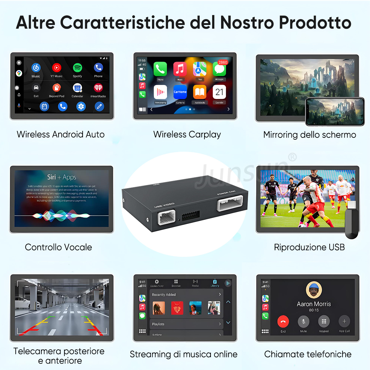 Panoramica delle caratteristiche del prodotto: Android Auto, CarPlay, Mirroring dello schermo, Controllo vocale, Riproduzione USB, Telecamera posteriore, Streaming musicale, Chiamate.