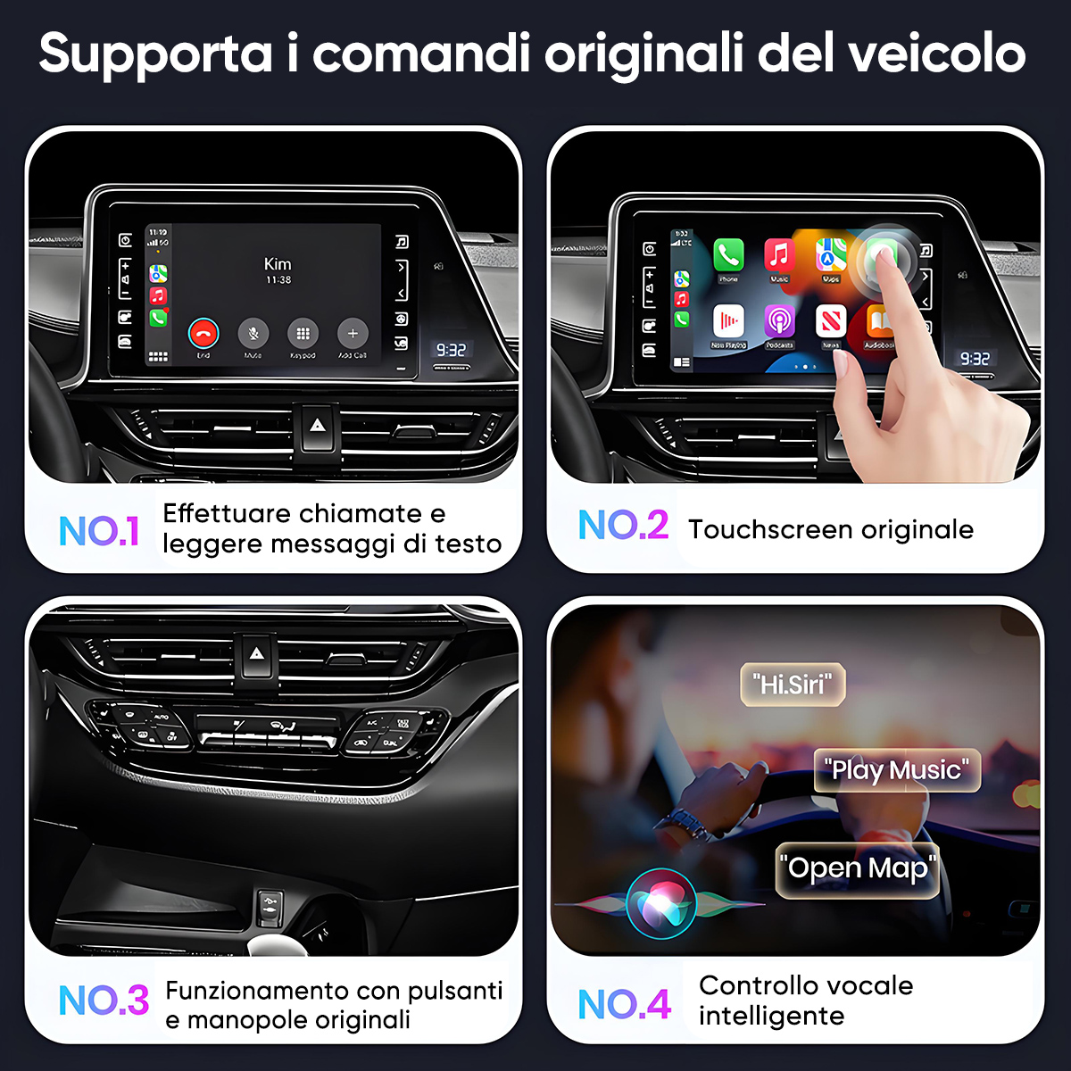 Quattro immagini di un sistema di infotainment per auto: chiamate, touchscreen, pulsanti, controllo vocale.