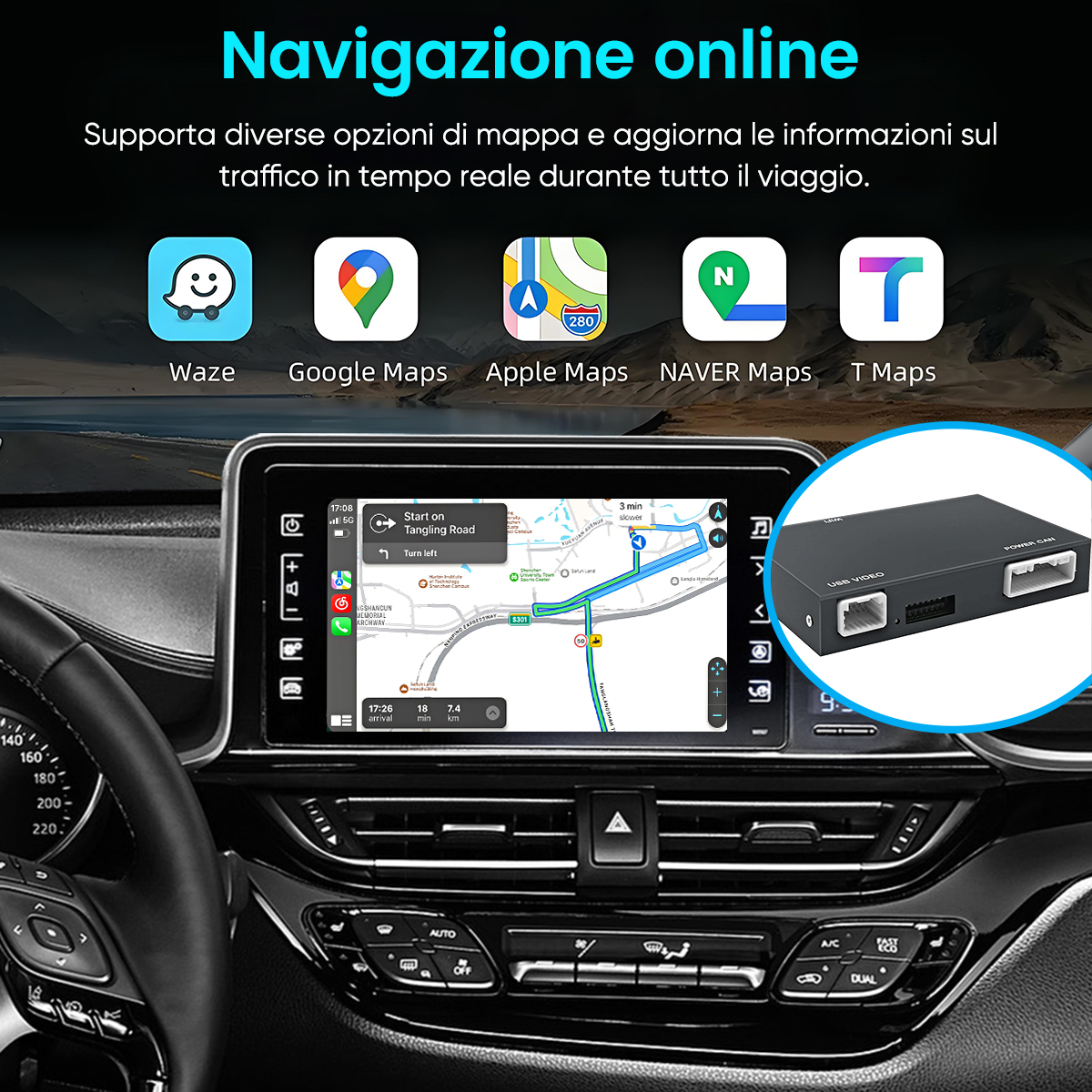 Interno auto con schermo di navigazione che mostra navigazione e traffico online.